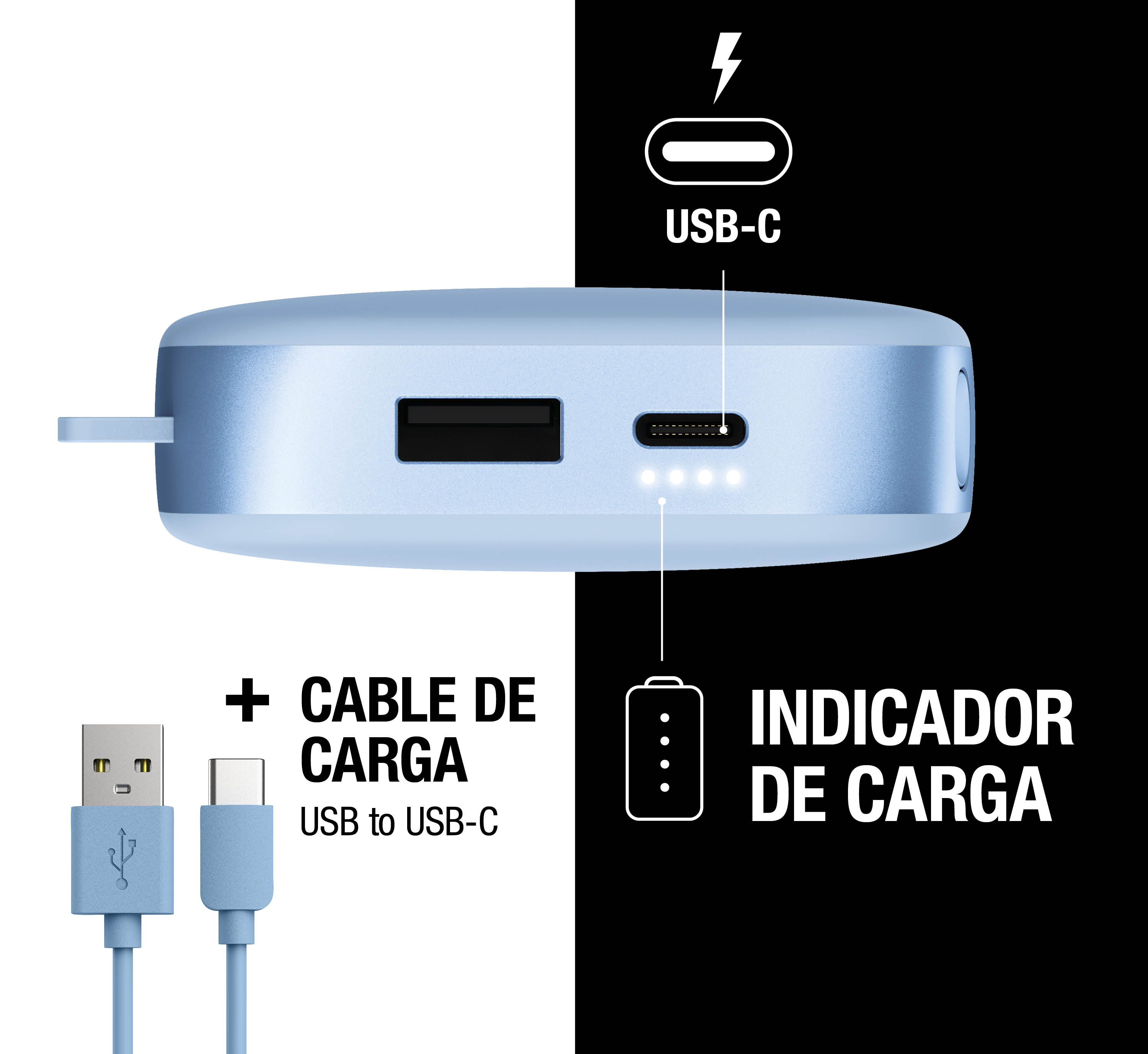 Power bank azzurro con porta USB, indicatore di carica e cavo da USB a USB-C.