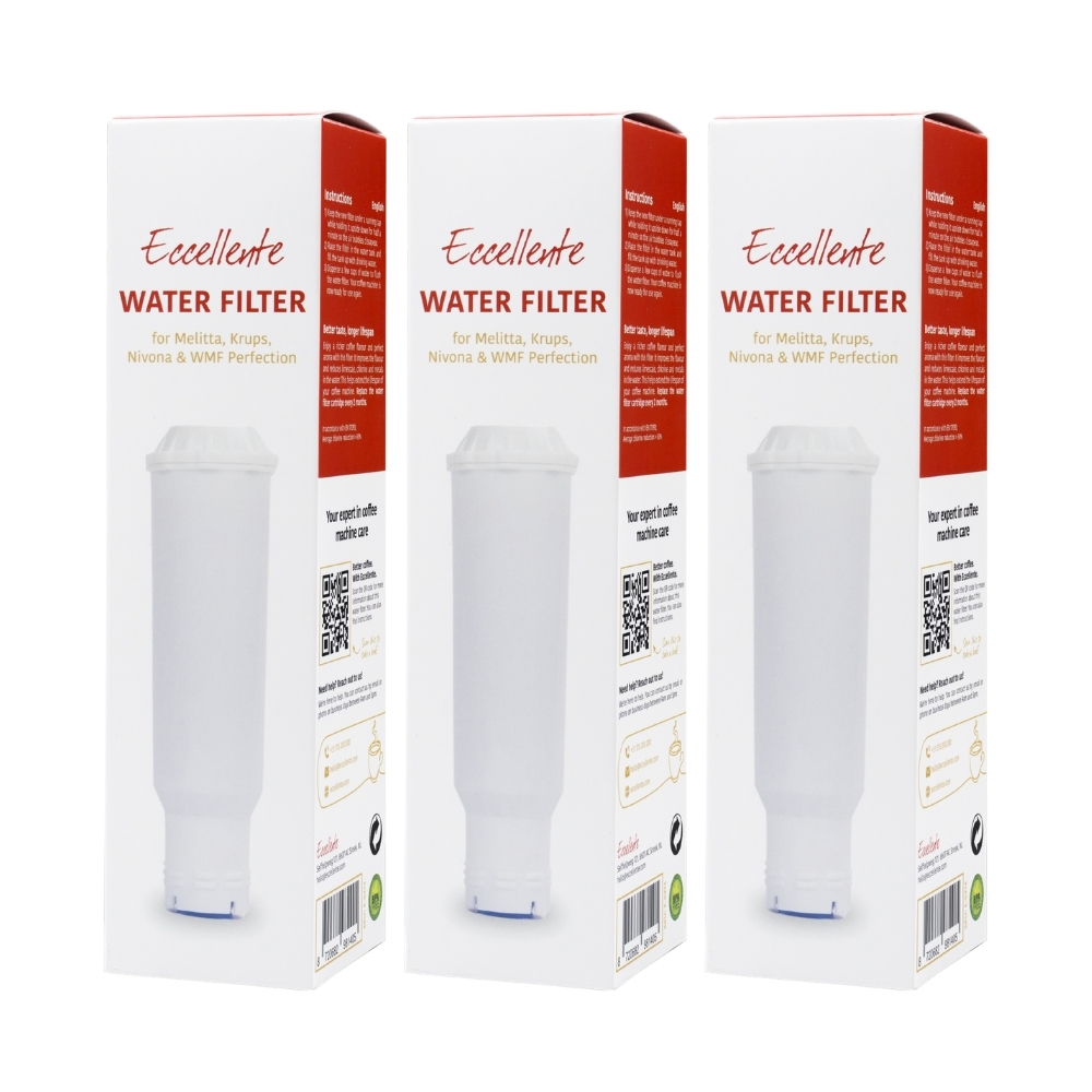 Three identical white boxes with red text reading Ecclénte water filter stand side by side.