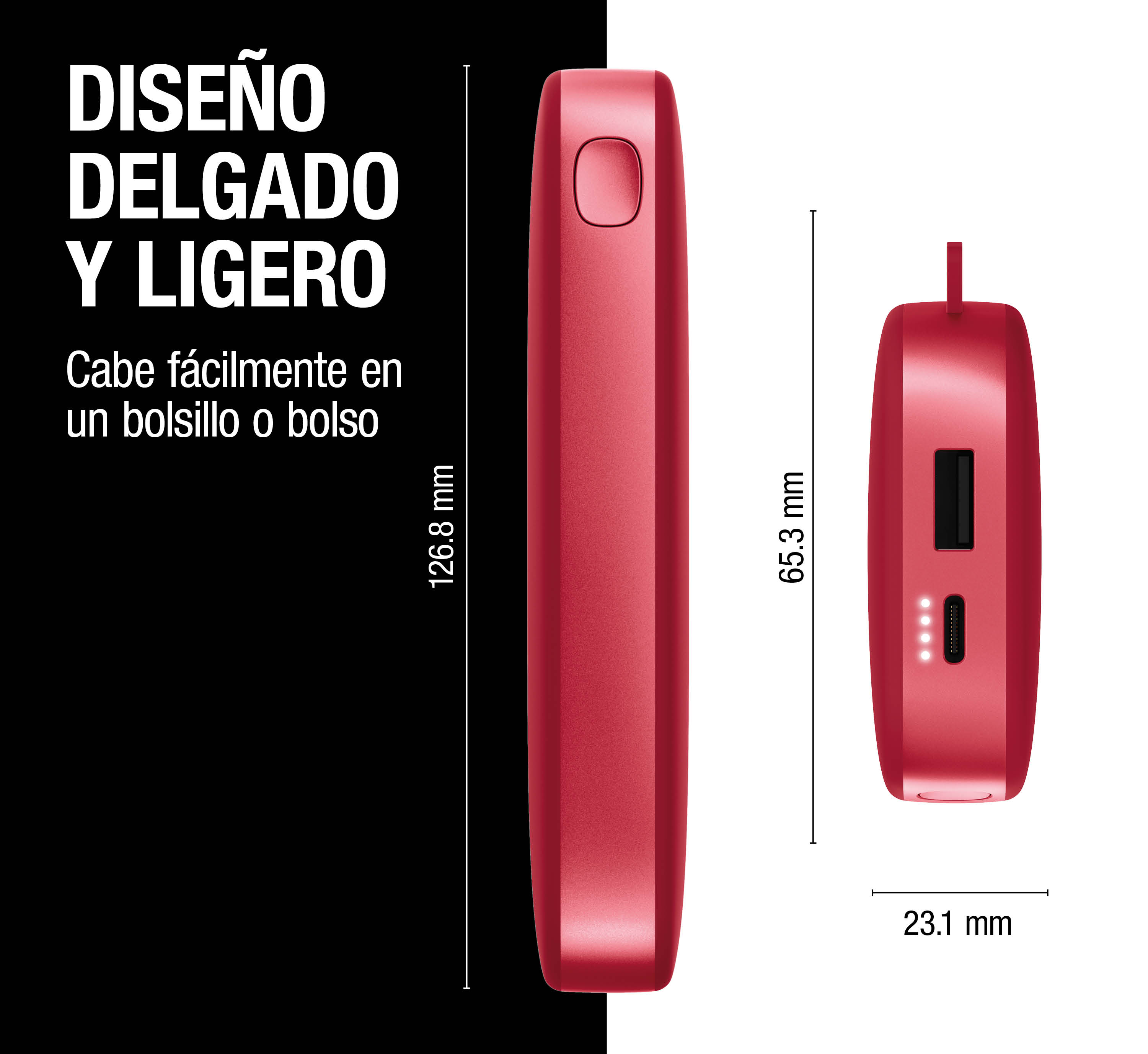 Power bank rosso con dimensioni di 126,8 mm di altezza, 65,3 mm di larghezza e 23,1 mm di spessore su sfondo bianco e nero.