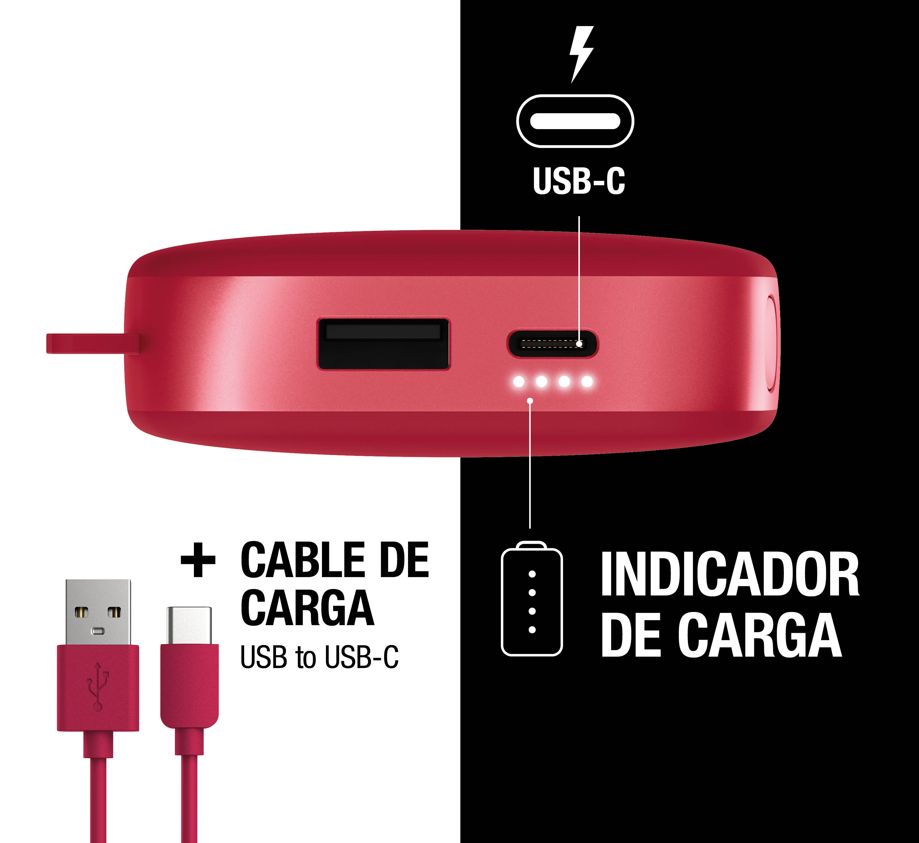 Power bank rossa con porta USB-C, spie di carica e cavo USB incluso.