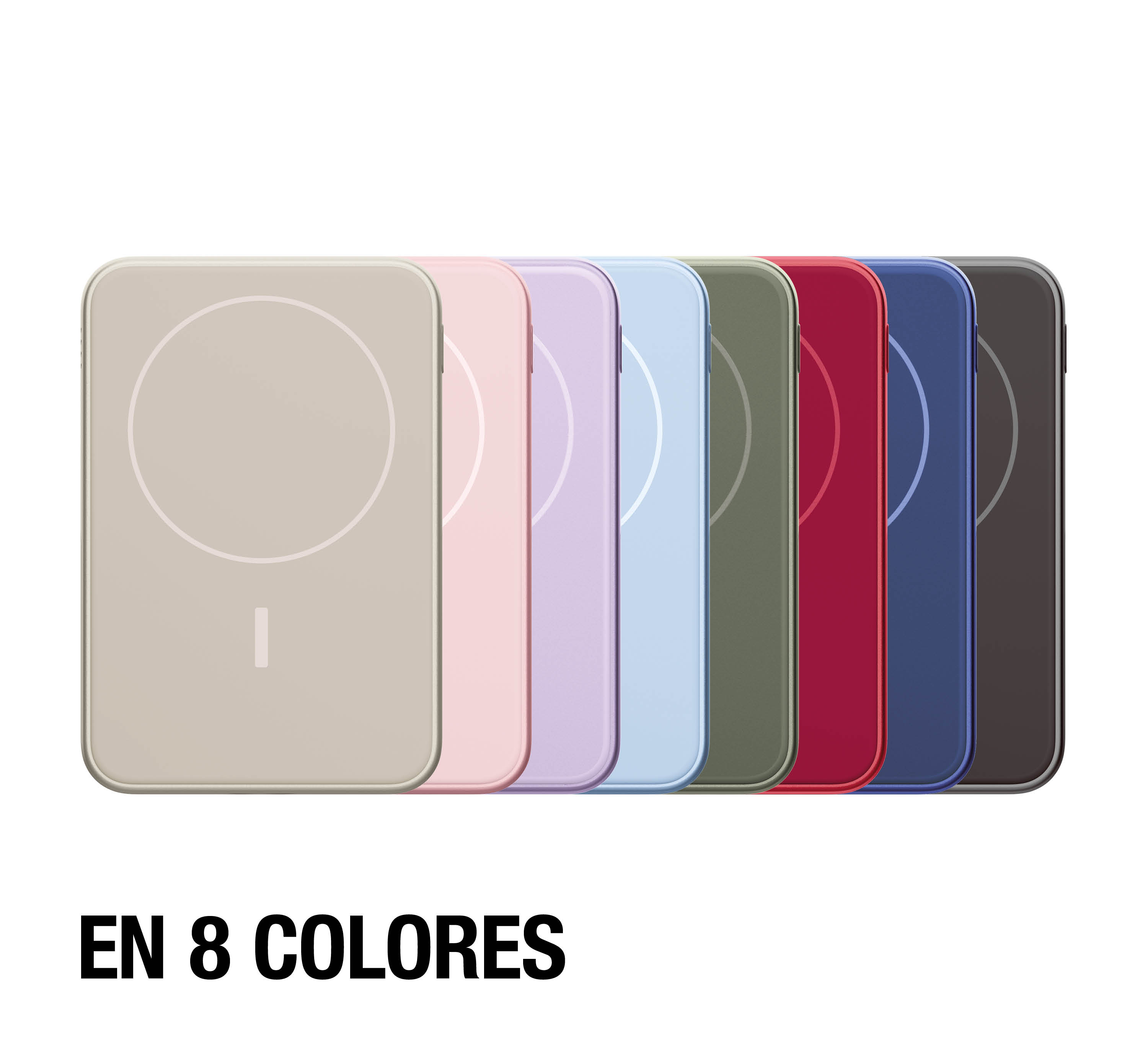 Otto power bank magnetici in diversi colori pastello e scuri su sfondo bianco.