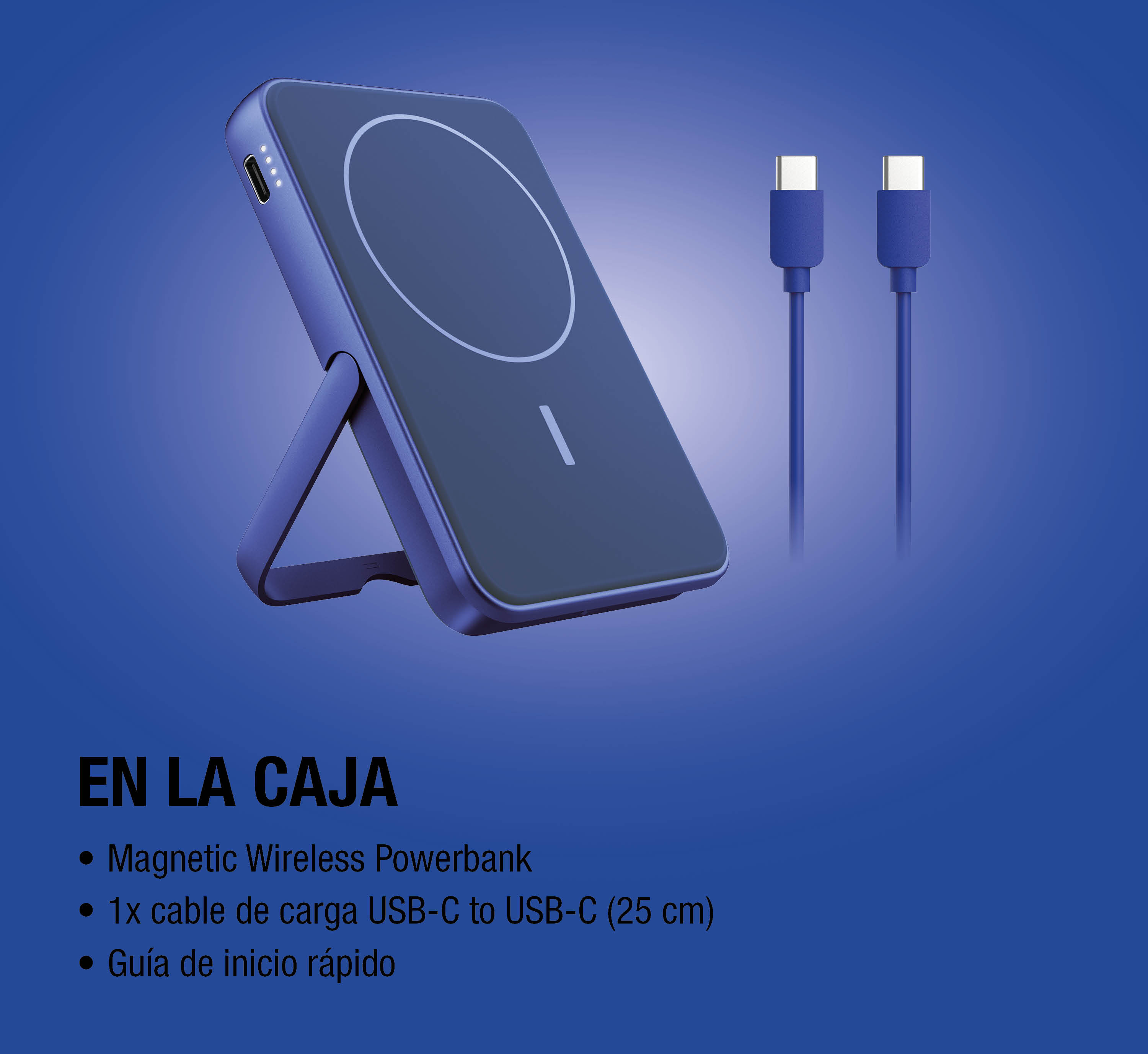 Power bank magnetico blu con supporto e due cavi USB-C su sfondo blu.