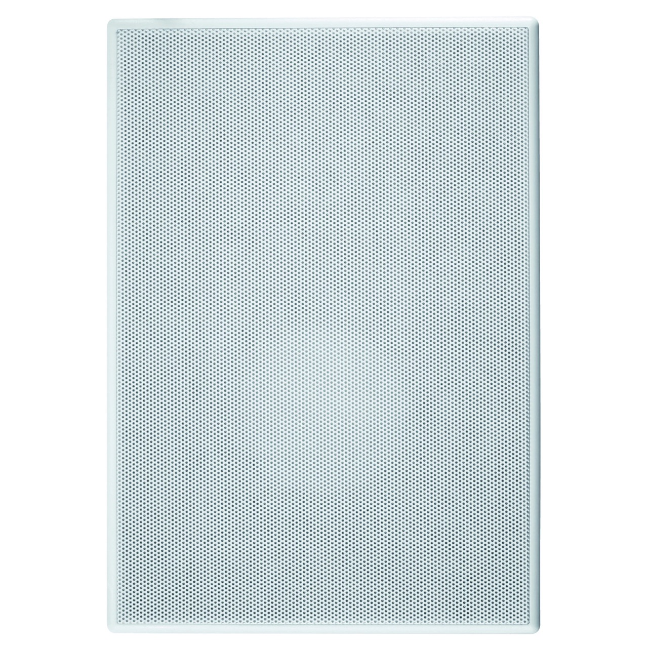 Ein rechteckiges weißes Wandgitter mit feiner Lochperforation auf weißem Hintergrund.