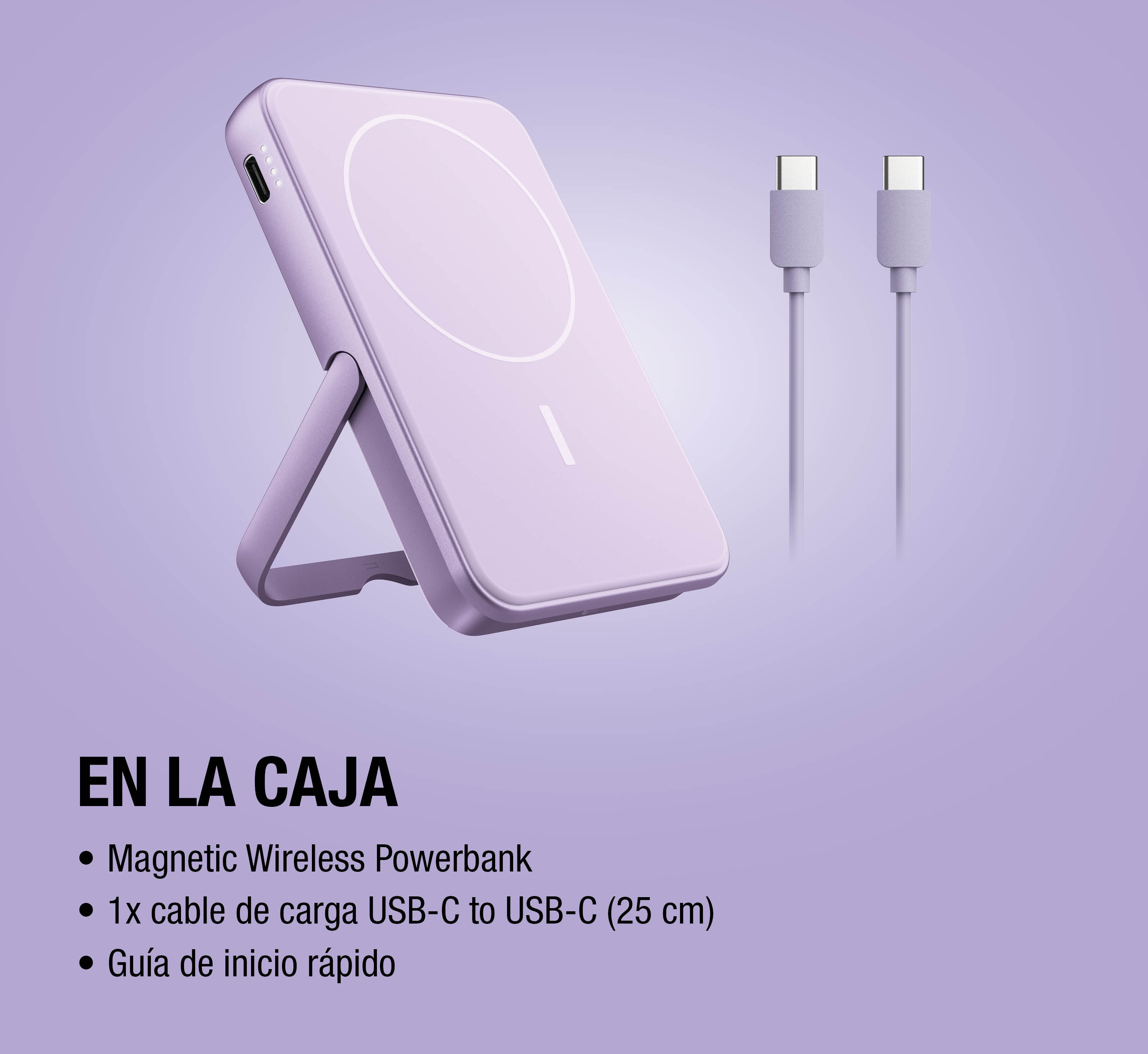 Un powerbank wireless viola con supporto integrato e due cavi USB-C su sfondo viola.