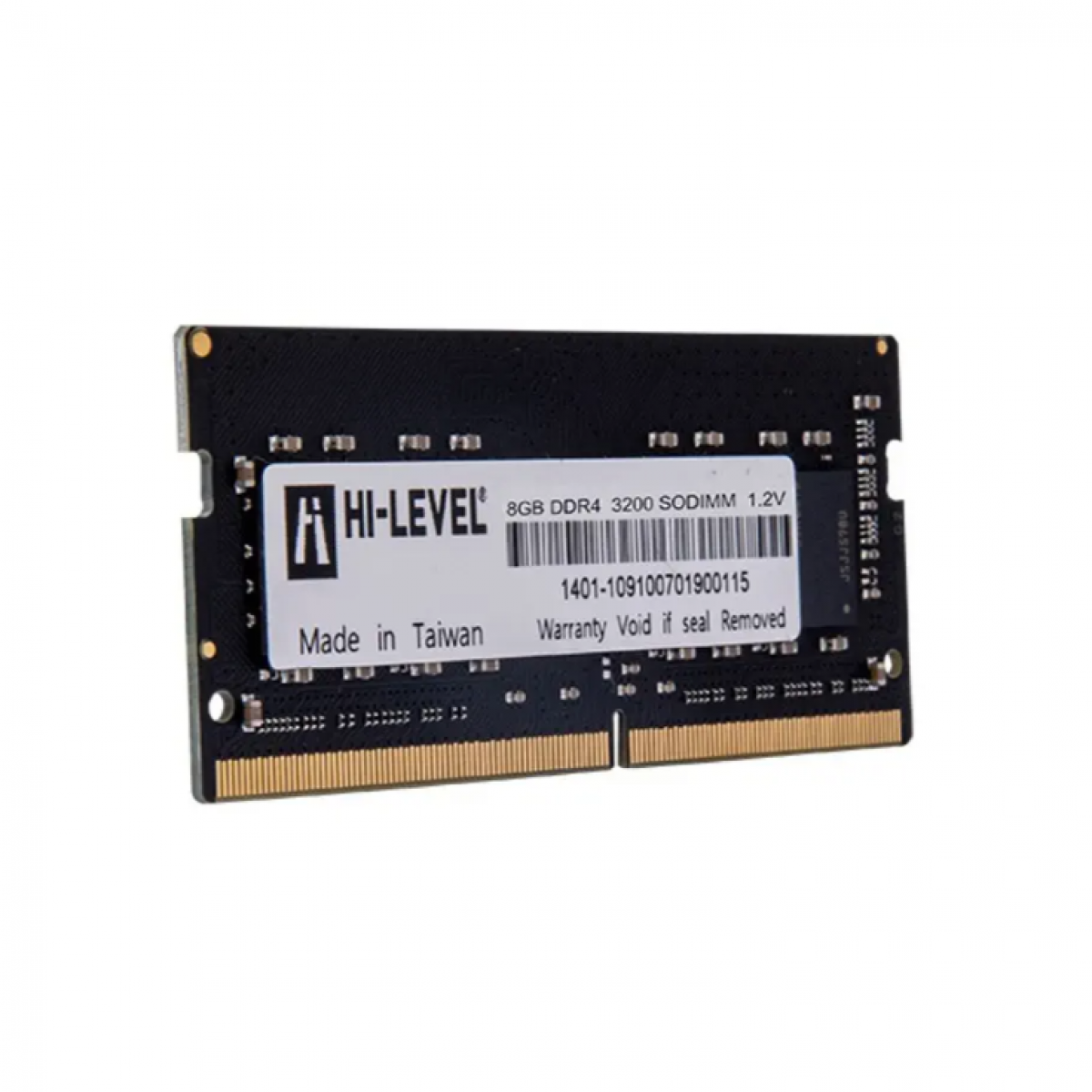 Beyaz arka planda beyaz etiketli siyah Hi-Level 8GB DDR4 SODIMM RAM çubuğu.
