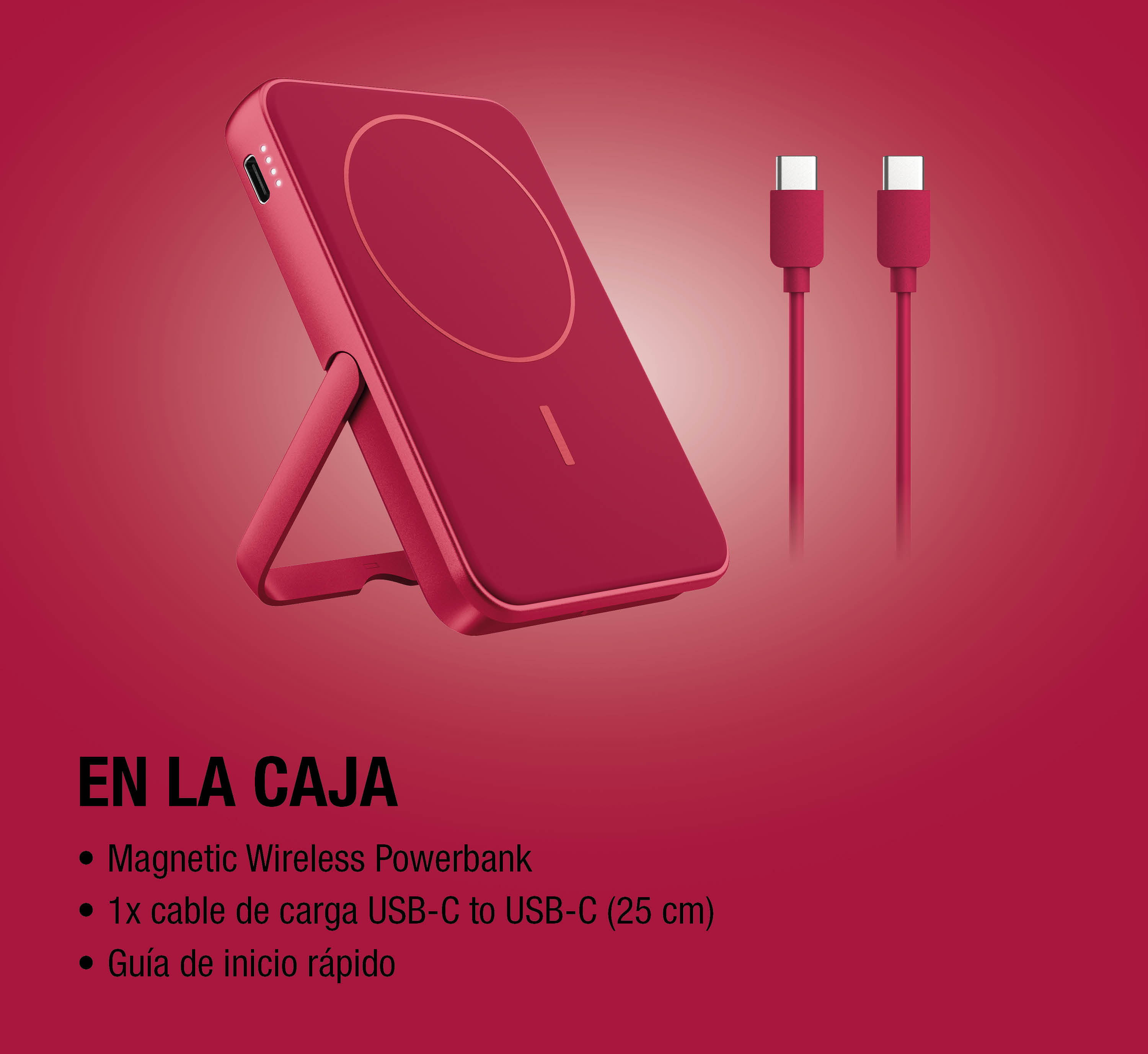 Power bank magnetico wireless rosso con supporto e due cavi USB-C su sfondo rosso.