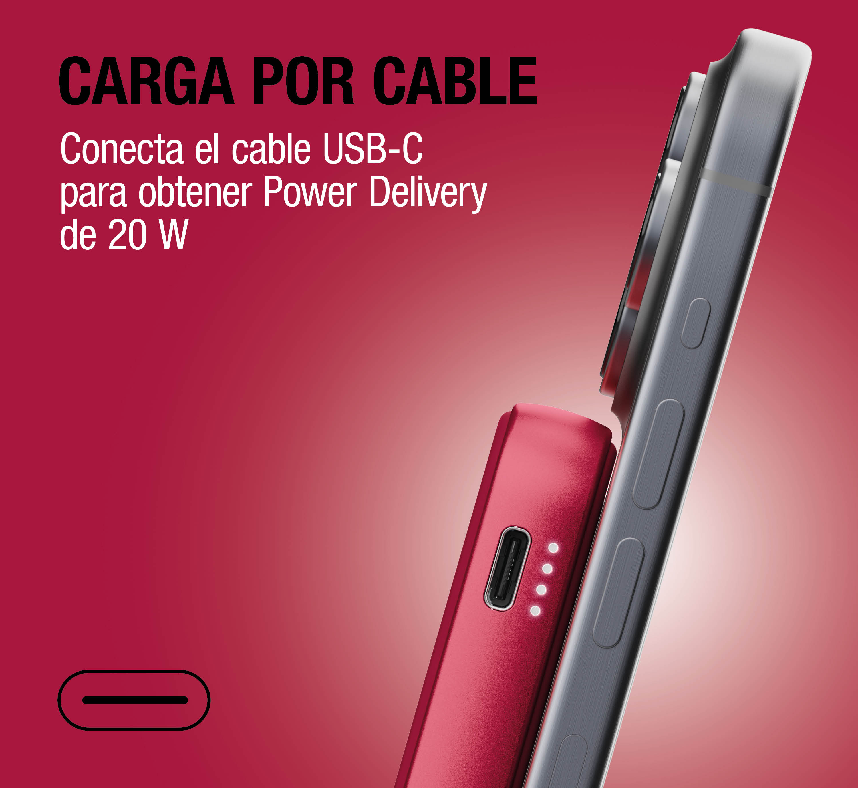 Uno smartphone e un power bank rosso con porta USB-C su sfondo rosso.