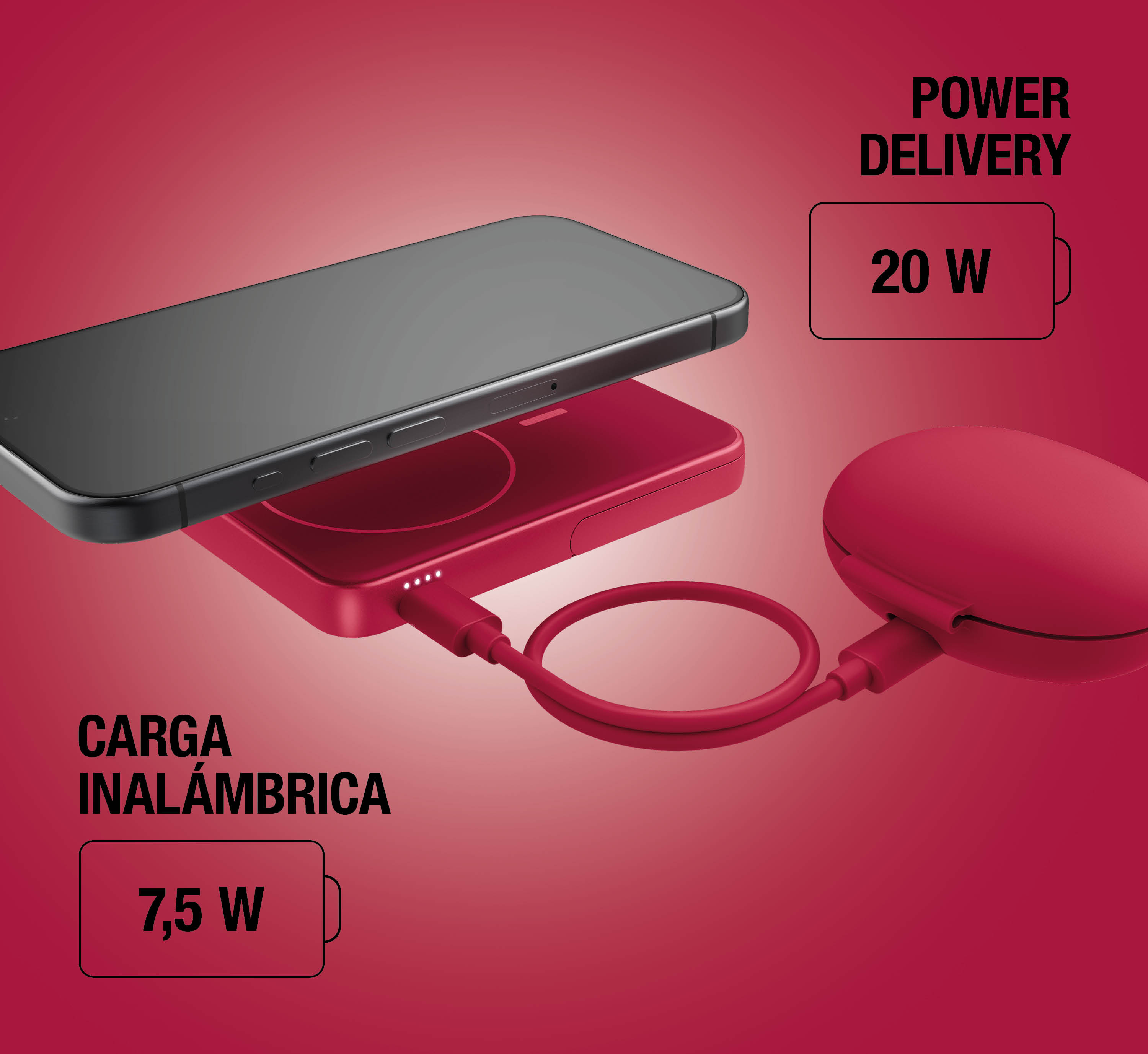 Un power bank rosso carica uno smartphone in modalità wireless e una custodia per auricolari via cavo.
