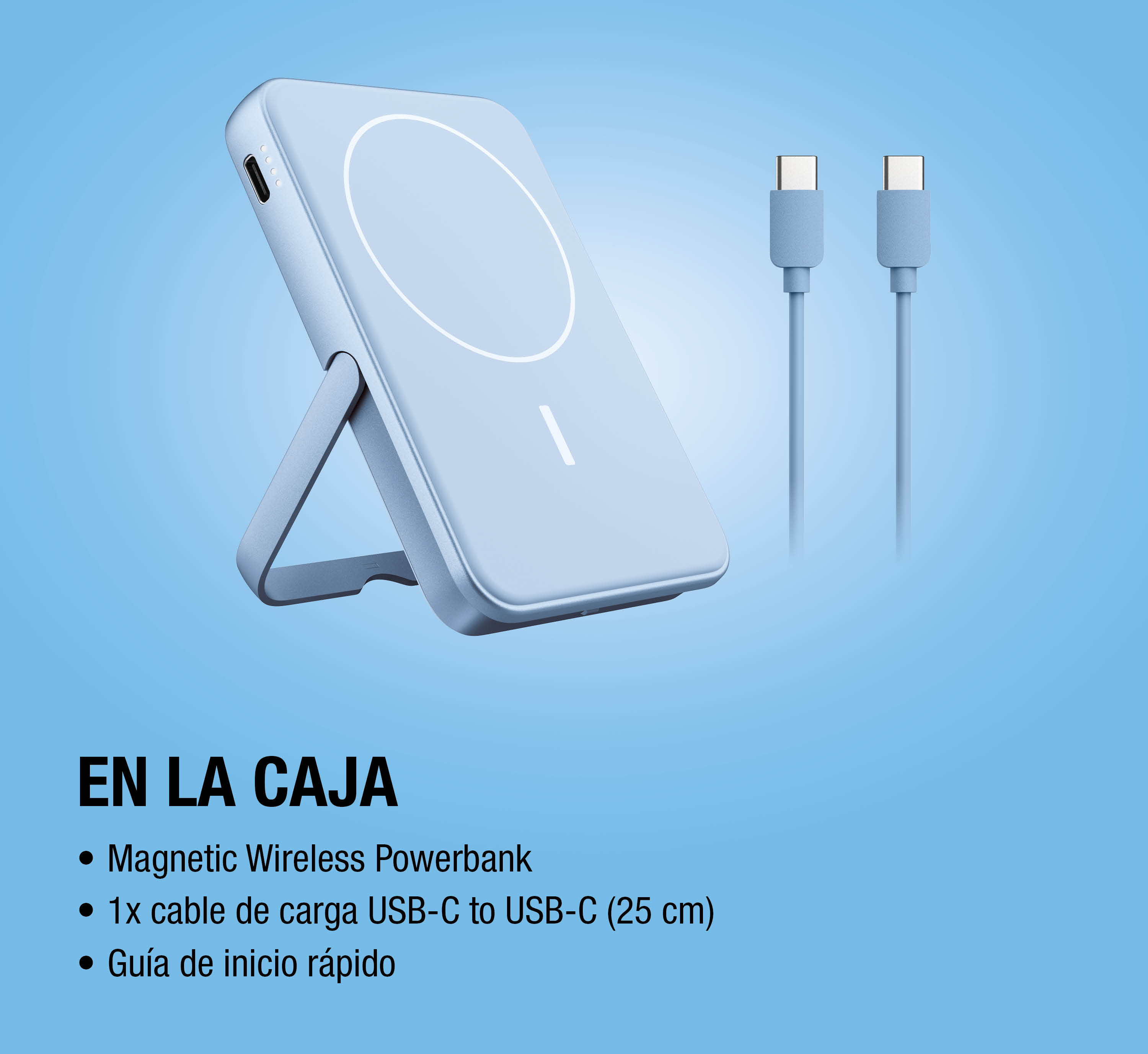 Powerbank wireless blu con supporto integrato e due cavi USB-C su sfondo blu.