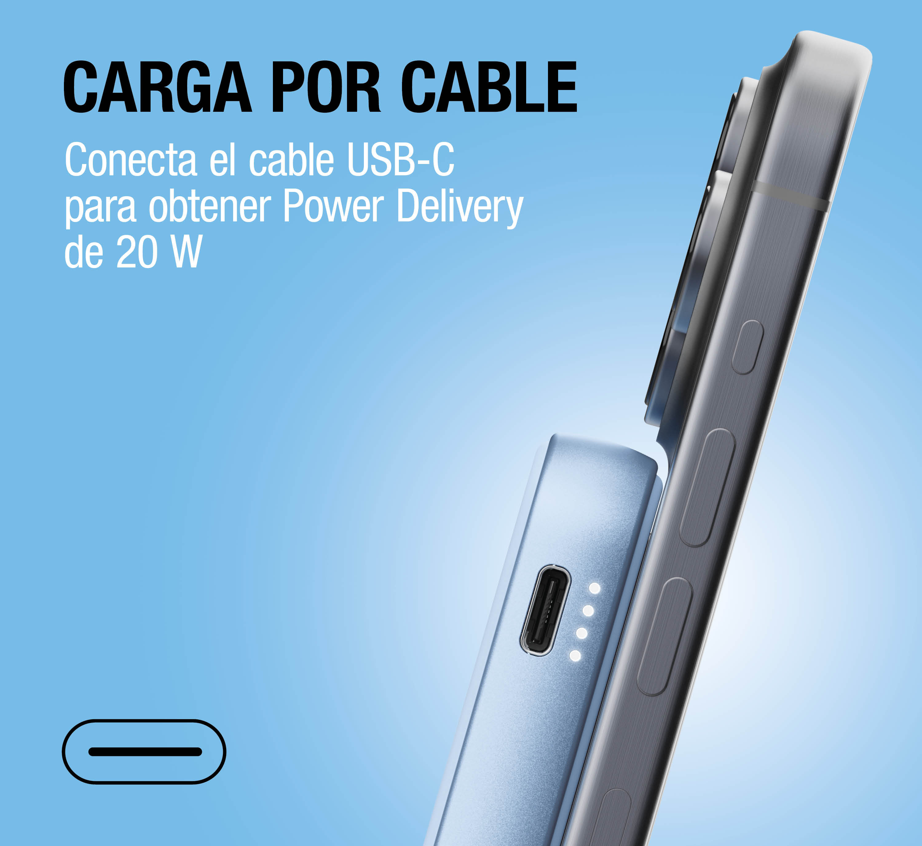Una power bank azzurra è collegata a uno smartphone, con porta USB-C e testo in spagnolo.