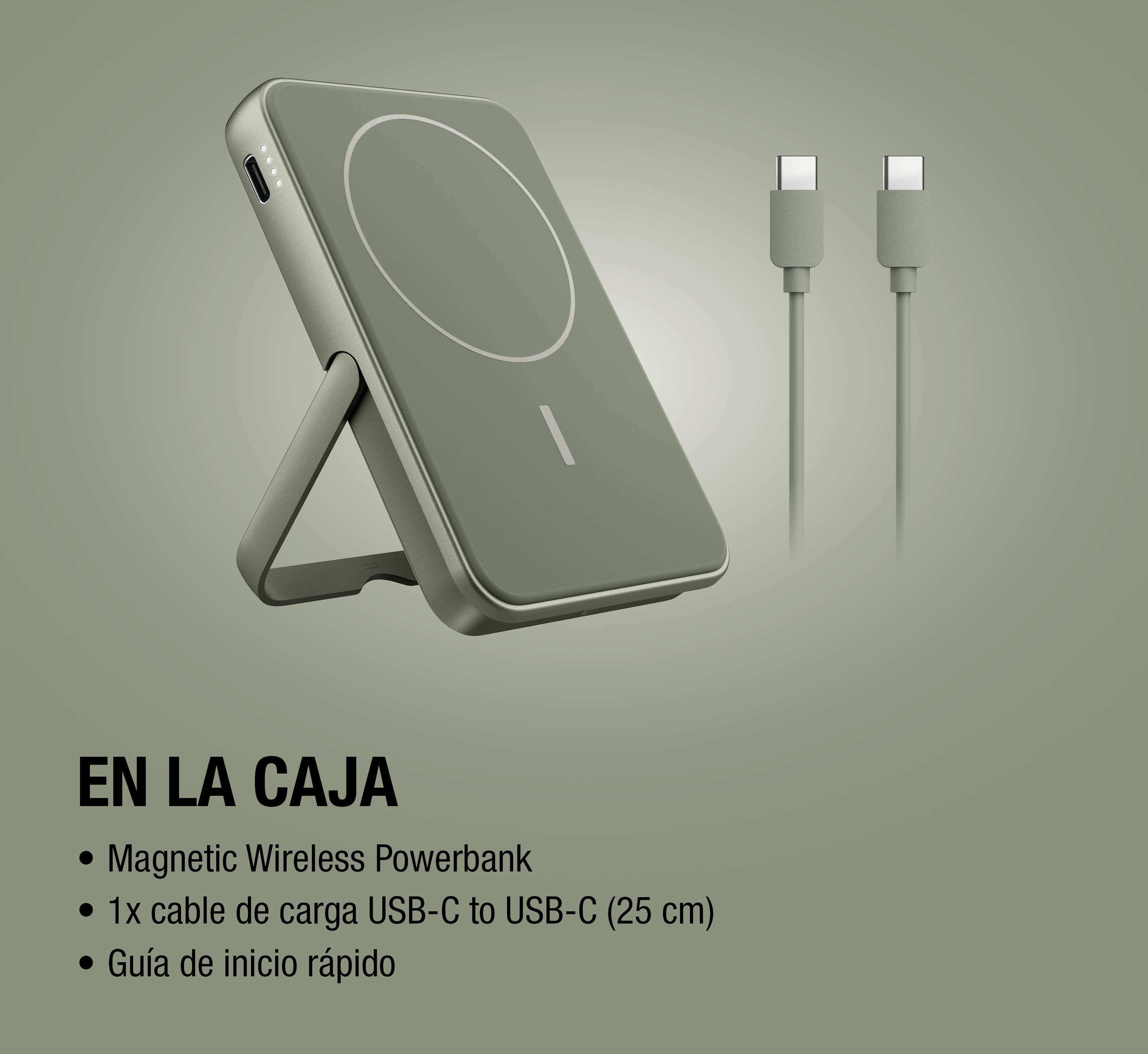 Power bank magnetico verde con supporto e cavo USB-C su sfondo verde con testo.