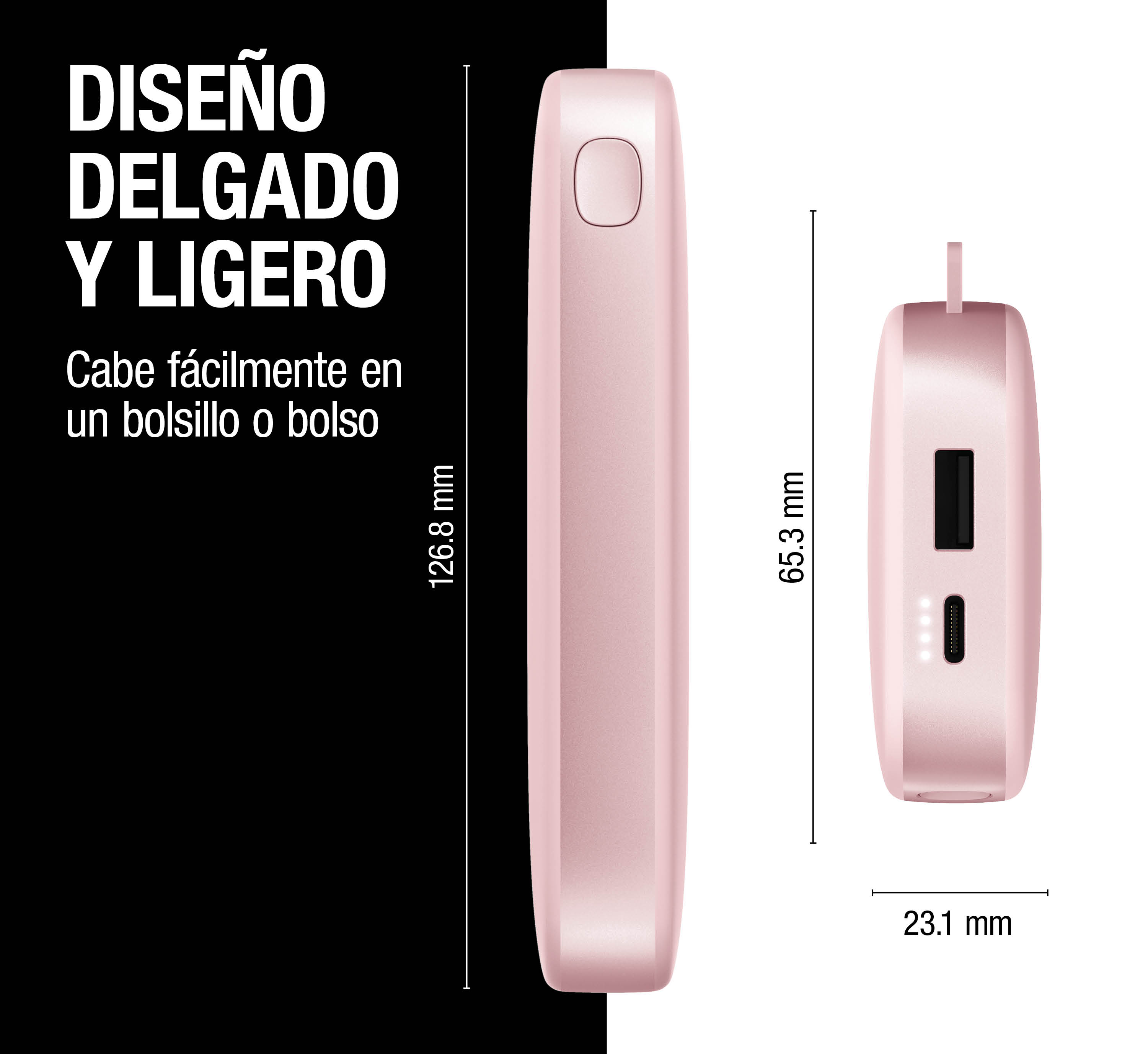 Power bank rosa sottile e leggero con dimensioni su sfondo bianco e nero.