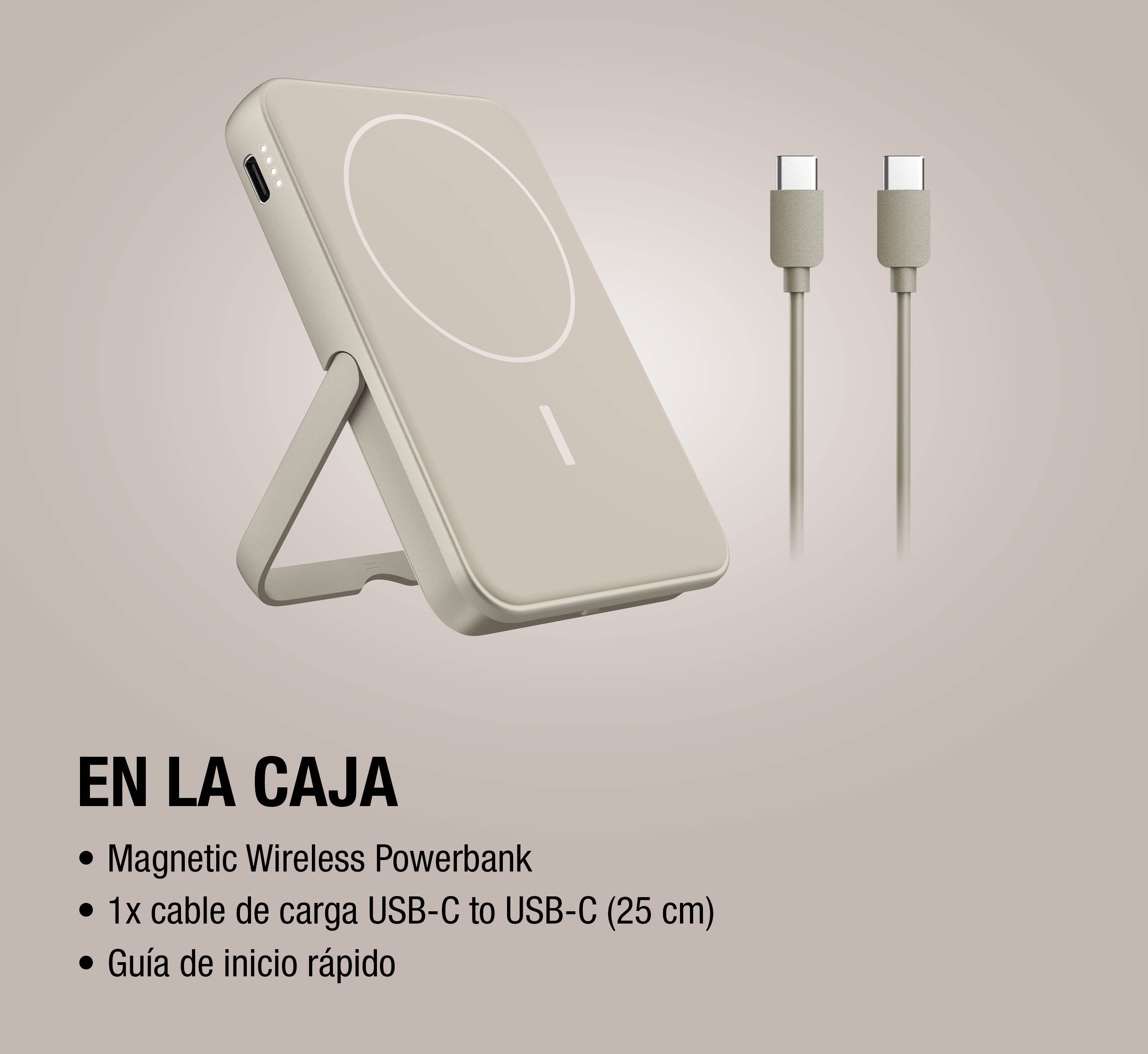 Power bank wireless MagSafe beige con supporto e due cavi USB-C.