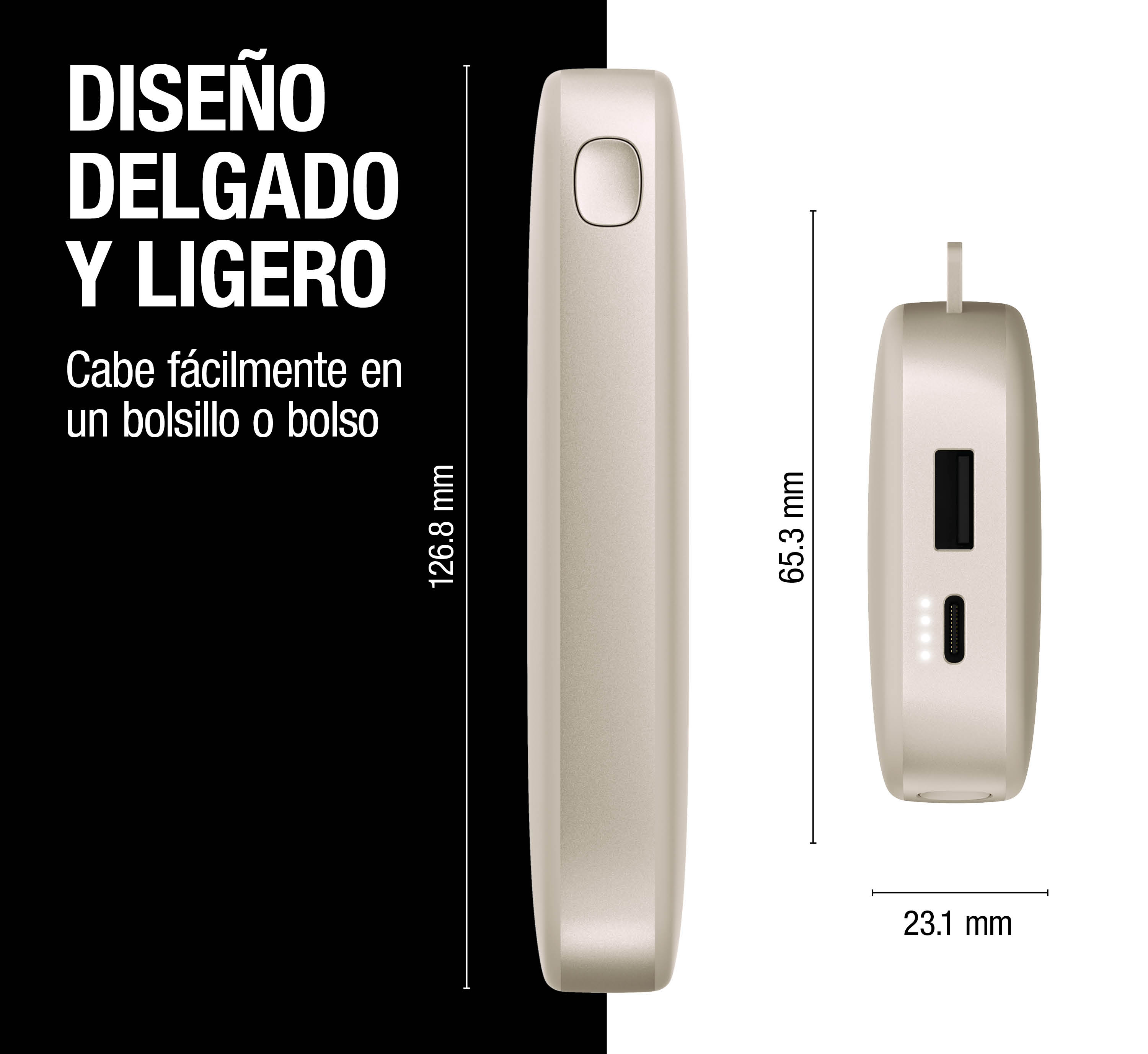 Un power bank dorato e sottile con dimensioni di 126,8 mm, 65,3 mm e 23,1 mm, con testo in spagnolo a sinistra.