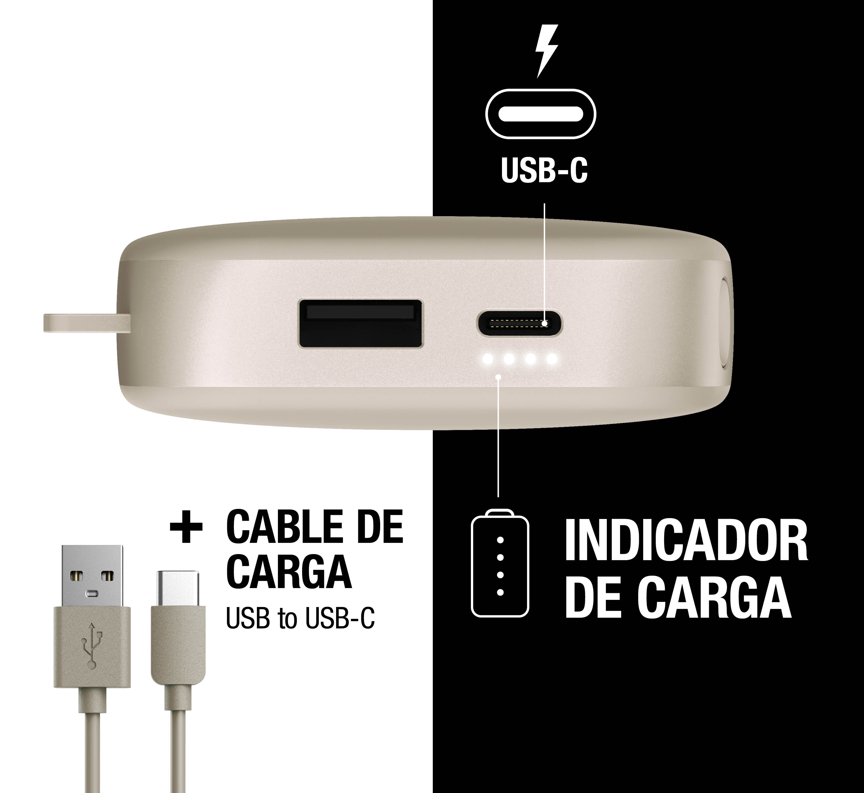 Power bank dorata con porte USB-A e USB-C, indicatore di carica e cavo USB incluso.