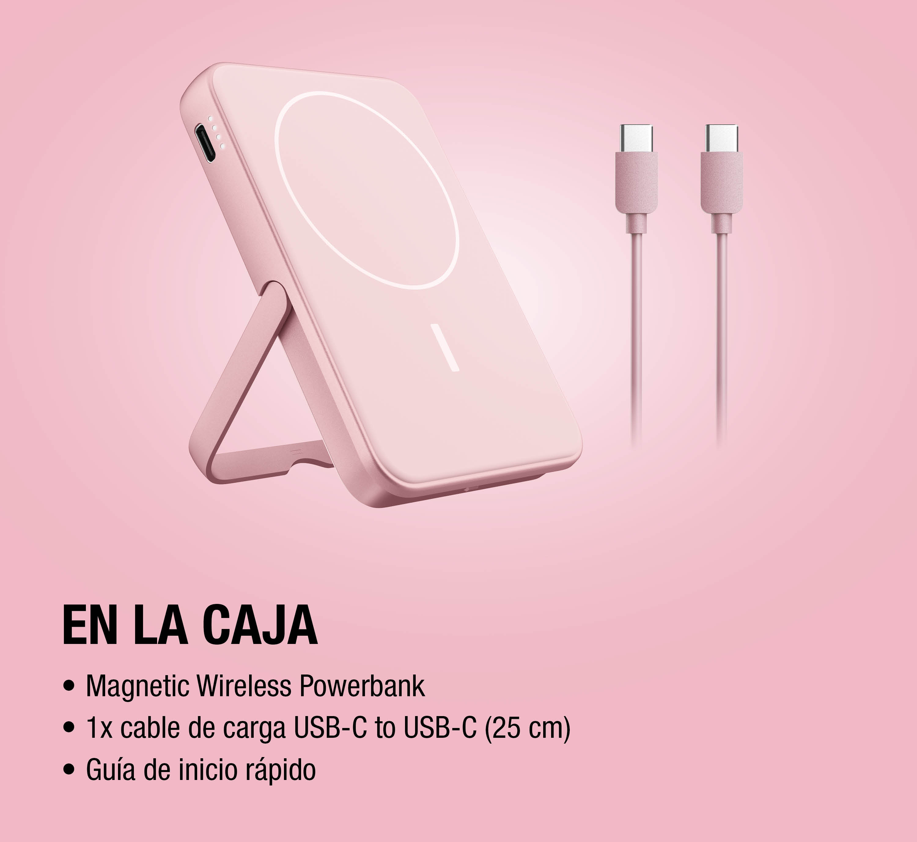 Un powerbank wireless magnetico rosa con supporto integrato e due cavi USB-C su uno sfondo rosa.