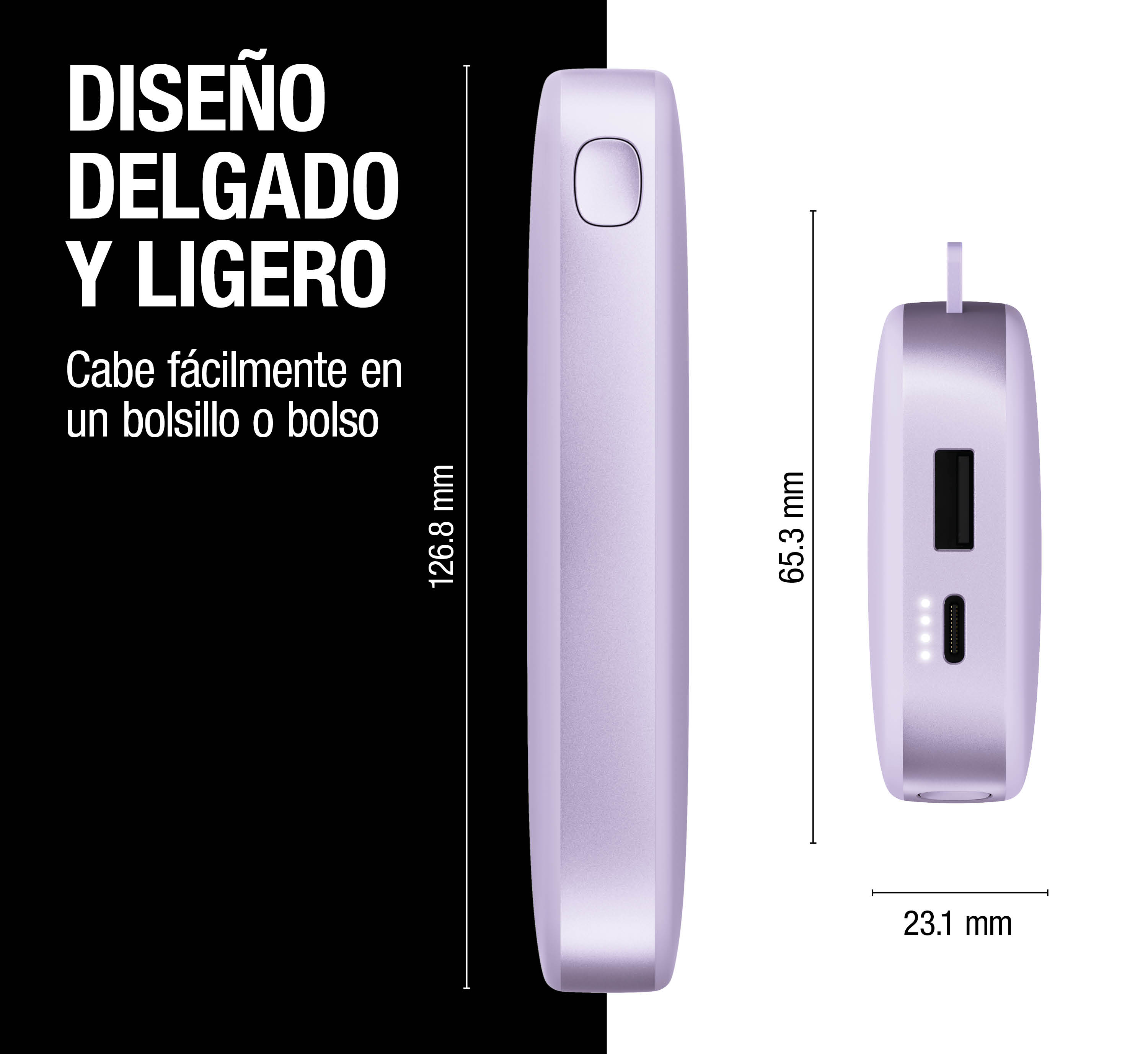 Power bank viola chiaro sottile con dimensioni di 126,8 mm e porte.
