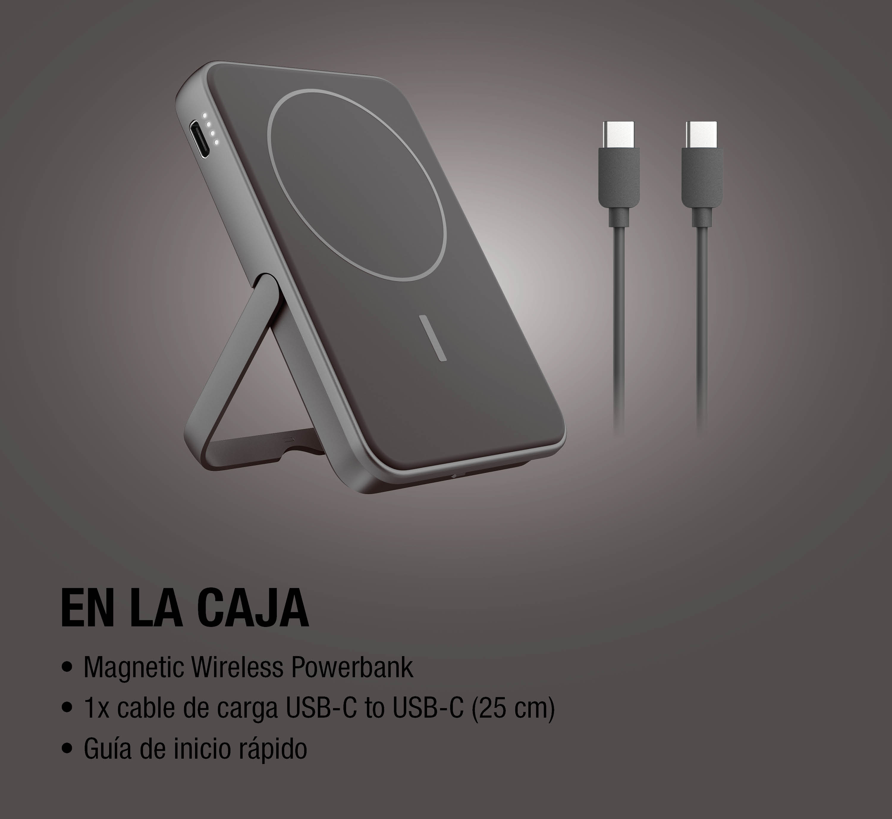 Power bank magnetica grigia con supporto e due cavi USB-C su sfondo grigio.