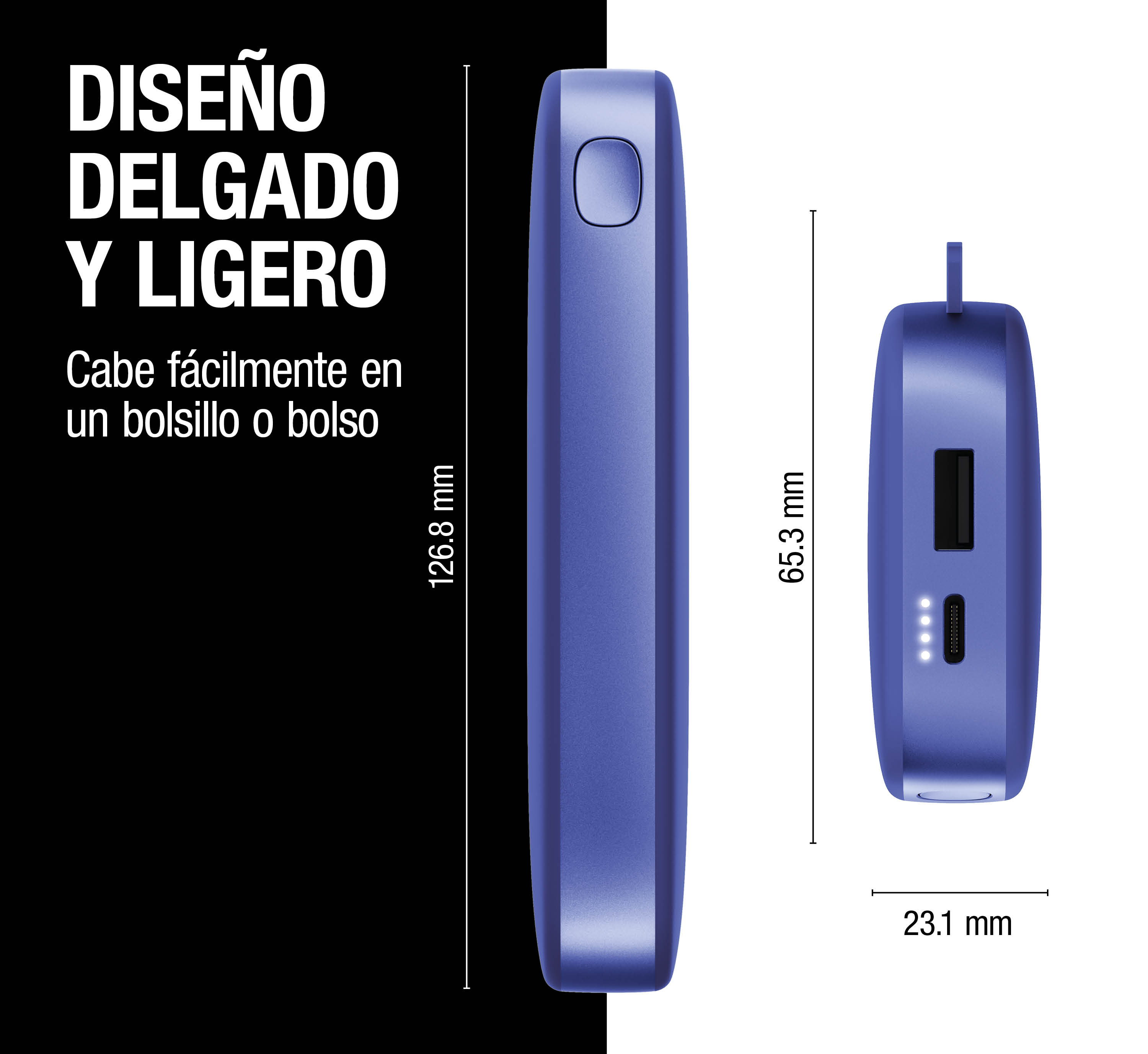 Power bank blu sottile e compatto con dimensioni e testo in spagnolo su sfondo nero.