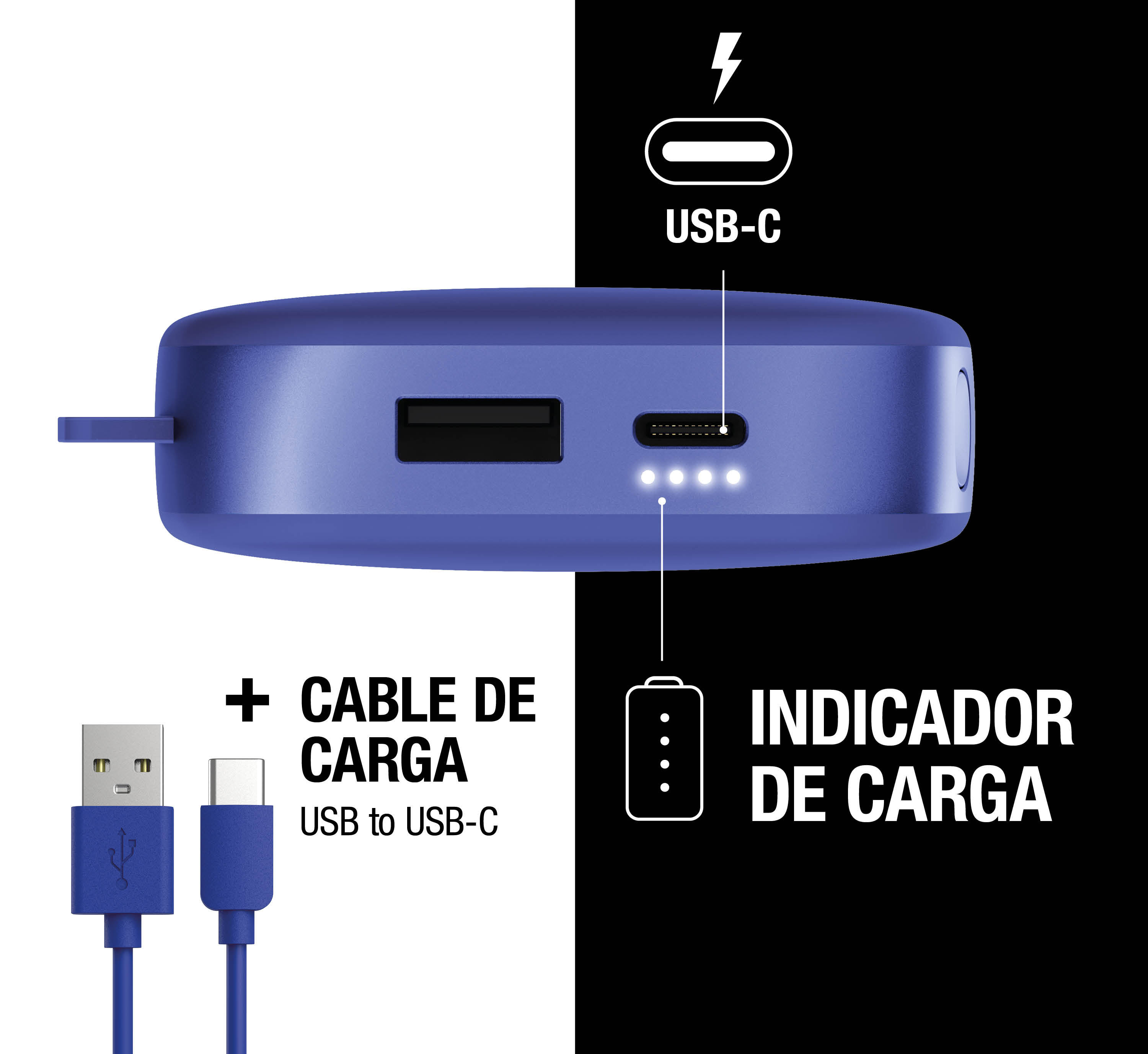 Power bank blu con porte USB e USB-C, spie di carica e cavo USB a USB-C.