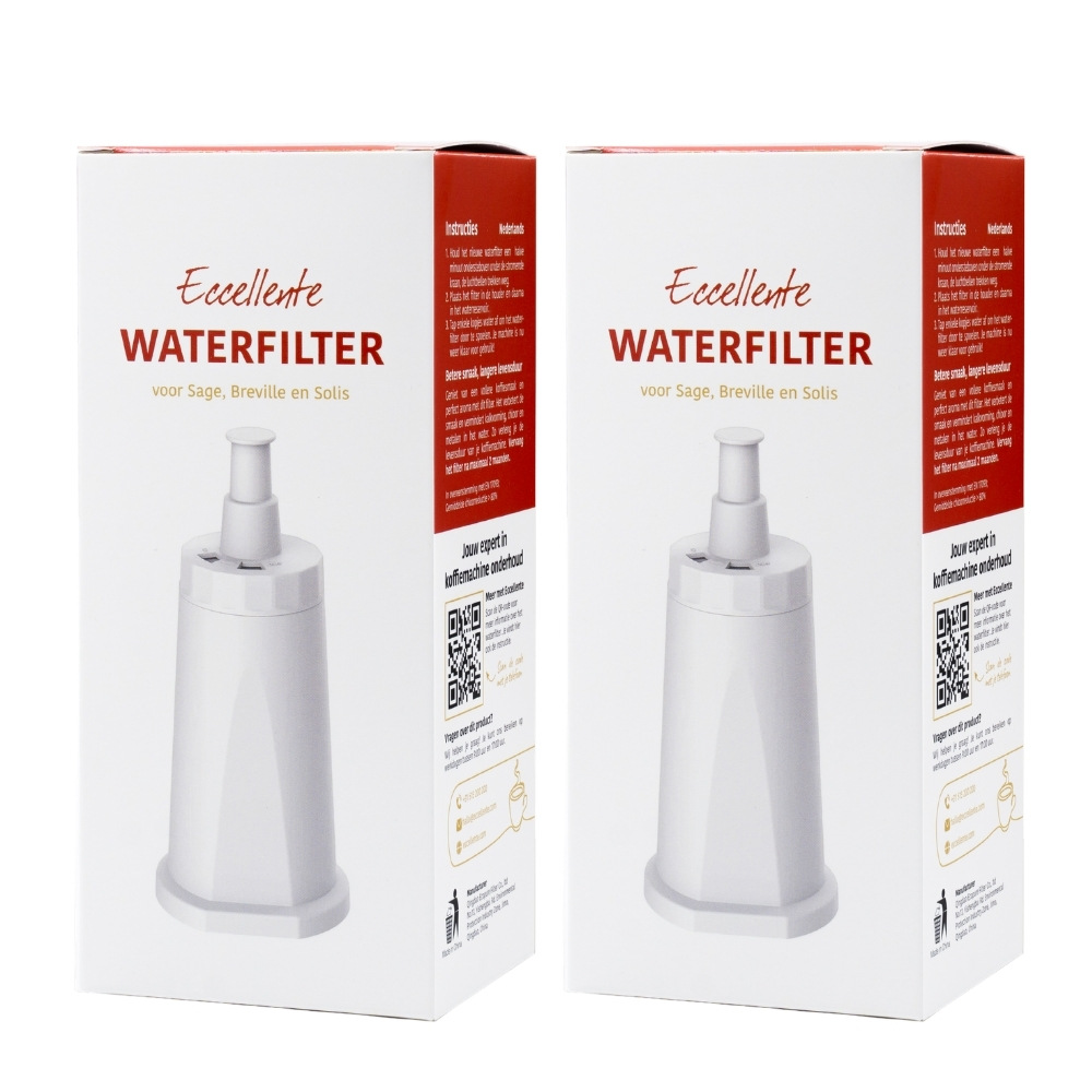 Two white Eccellente water filter boxes for coffee machines on a white background.