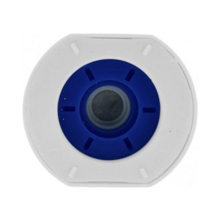 A white and blue plastic circular filter with a grey central opening, shown against a solid white background.