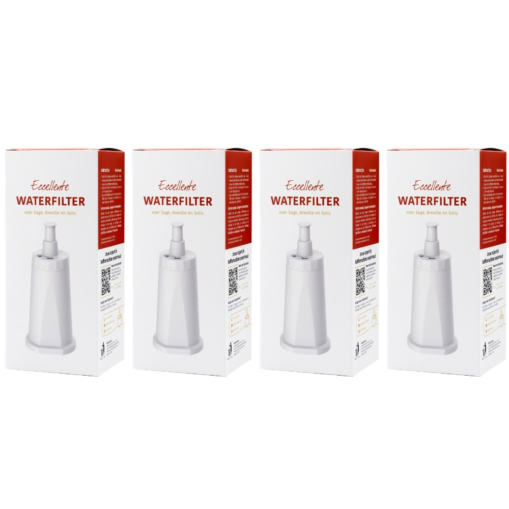 Four white packaging boxes for Eccellente water filters with red lettering stand side by side.