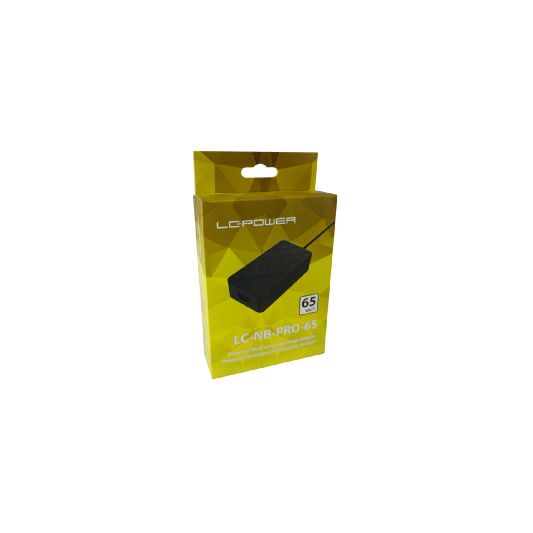 Scatola adattatore universale per notebook LC-Power LC-NB-PRO-65 in giallo e nero su fondo bianco.
