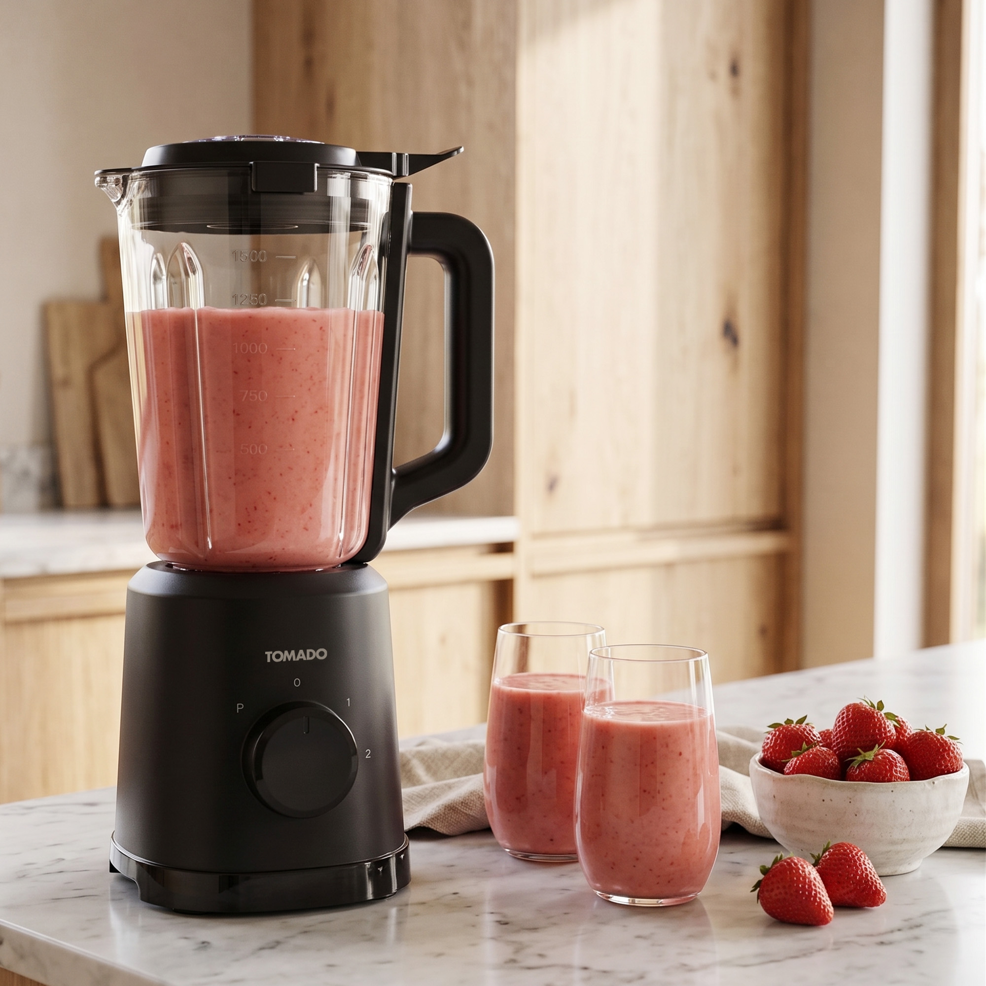 A black blender filled with pink smoothie, next to two glasses of smoothie and a bowl of strawberries on a kitchen counter.