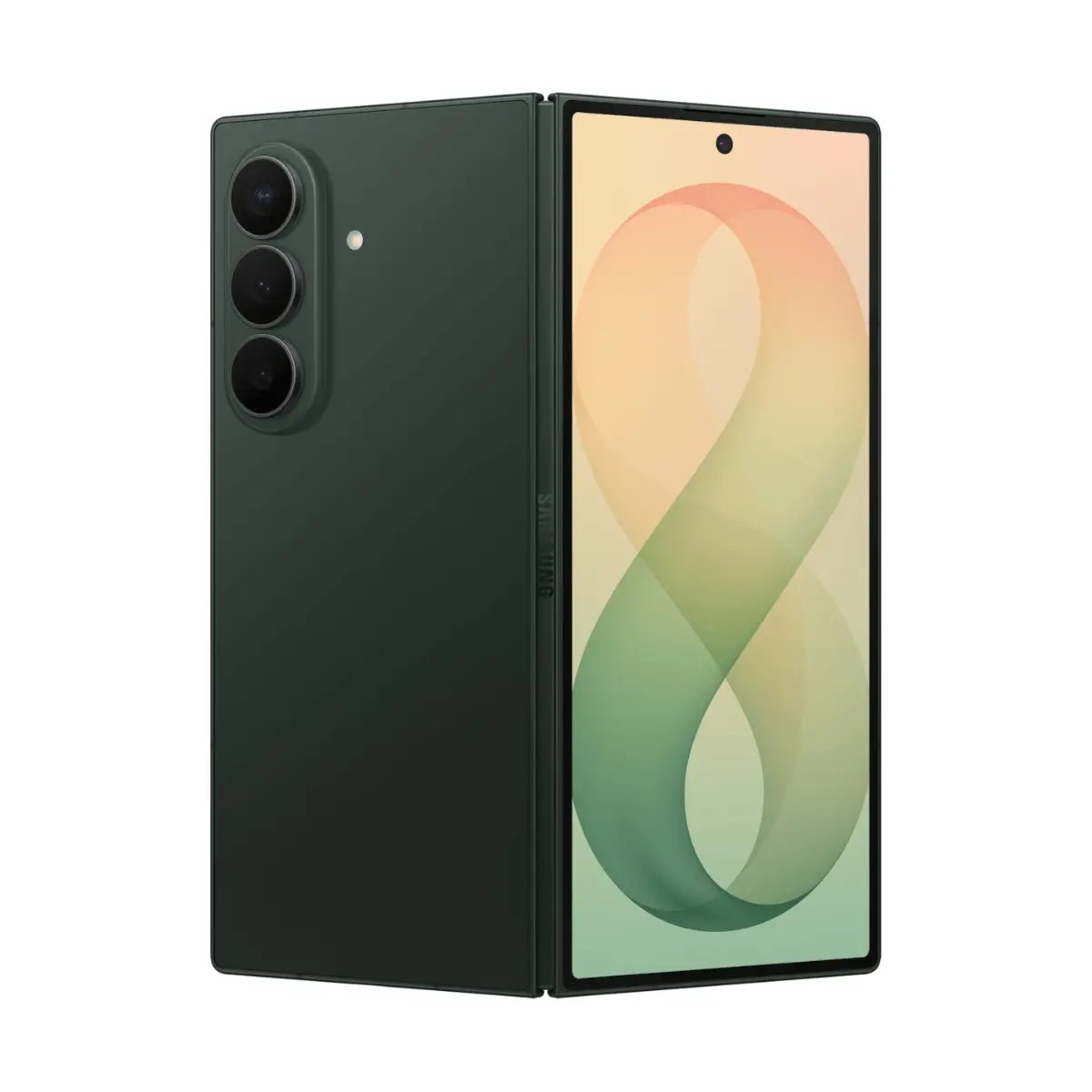 Ein grünes faltbares Smartphone mit drei rückseitigen Kameras und einem farbigen Display.