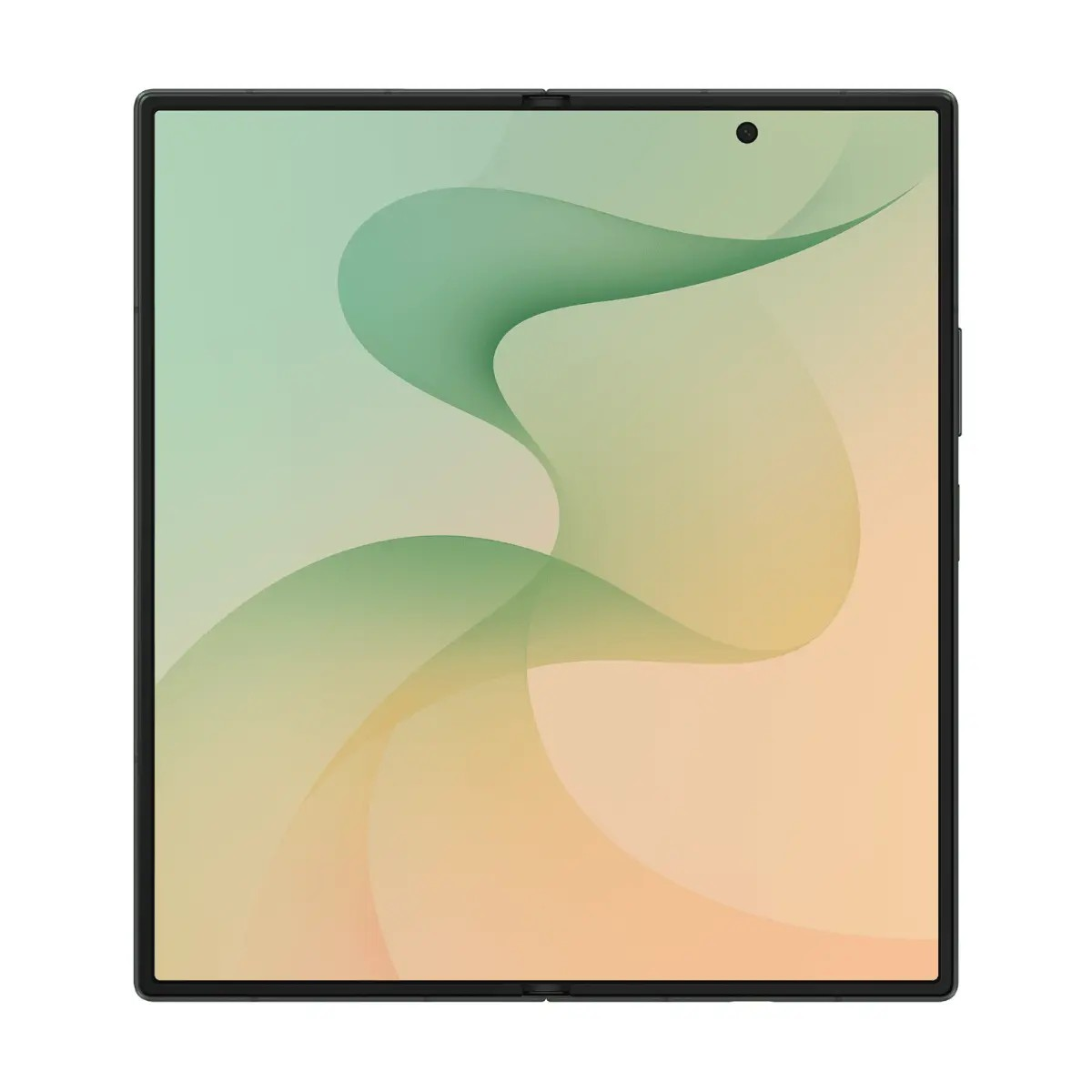 Ein aufgeklapptes Foldable-Smartphone mit schwarzem Rahmen und einem fließenden, grün-beigen Wellen-Hintergrund.