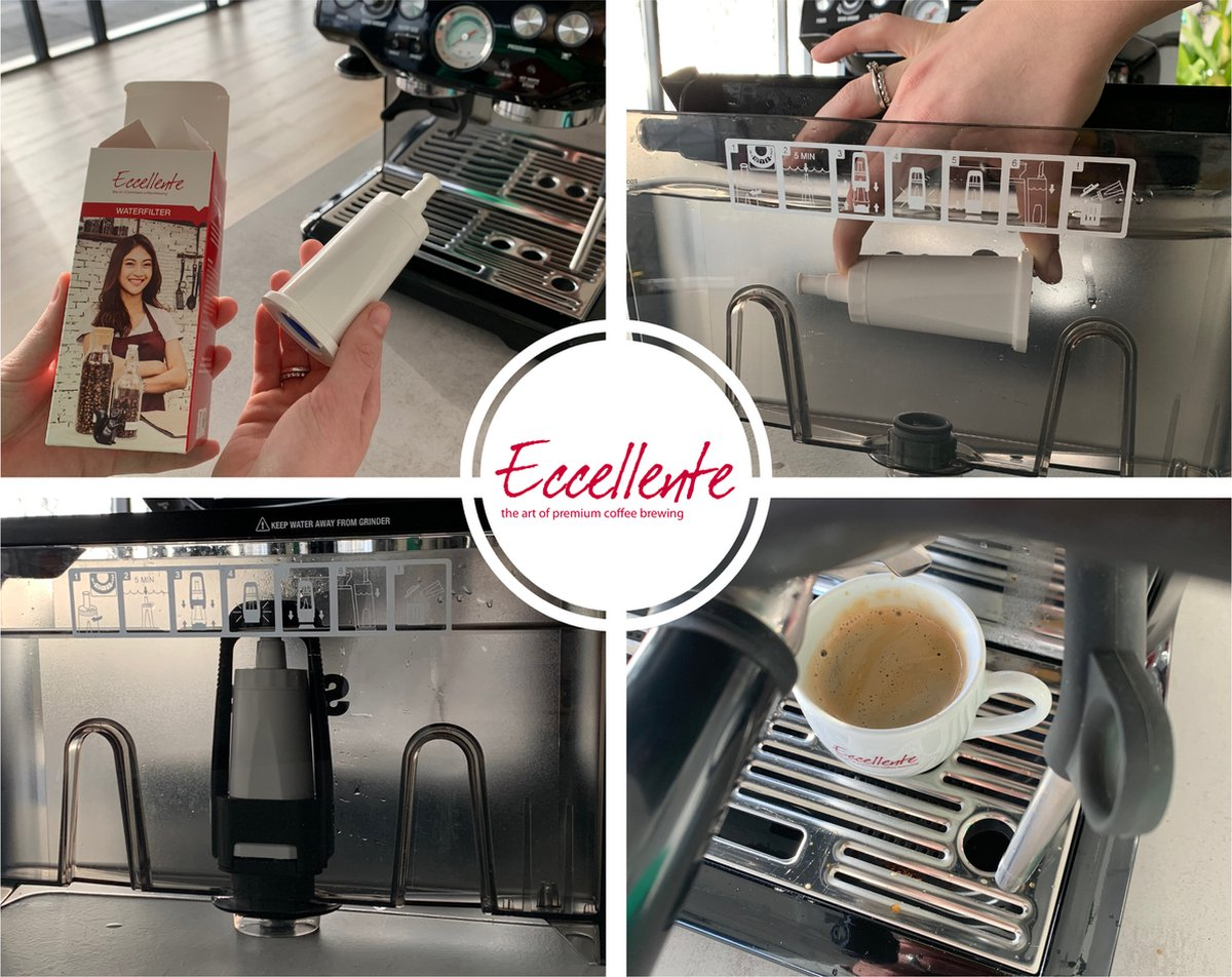 Four panels show installing a water filter in an espresso machine, filling a cup with coffee.