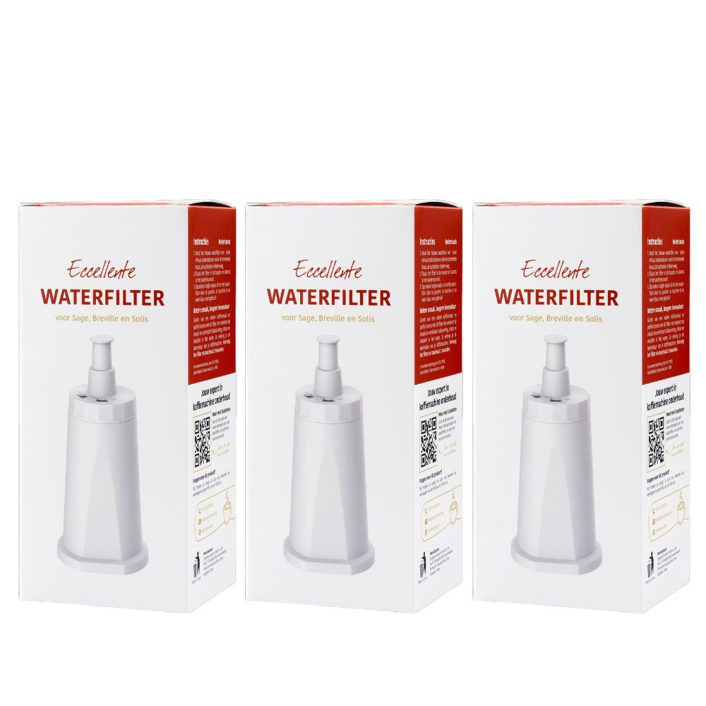 Three identical white and red boxes display an Eccellente water filter for coffee machines.