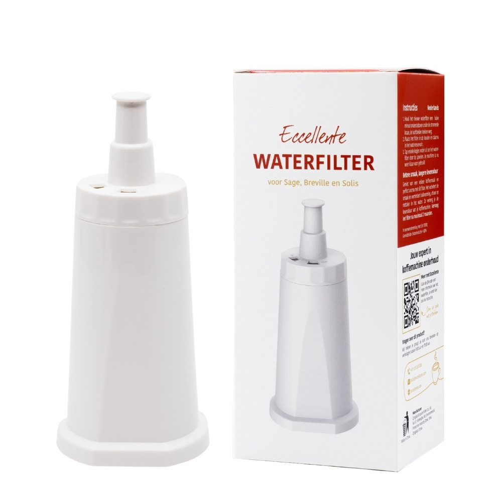 A white water filter stands next to its product packaging box on a white background.