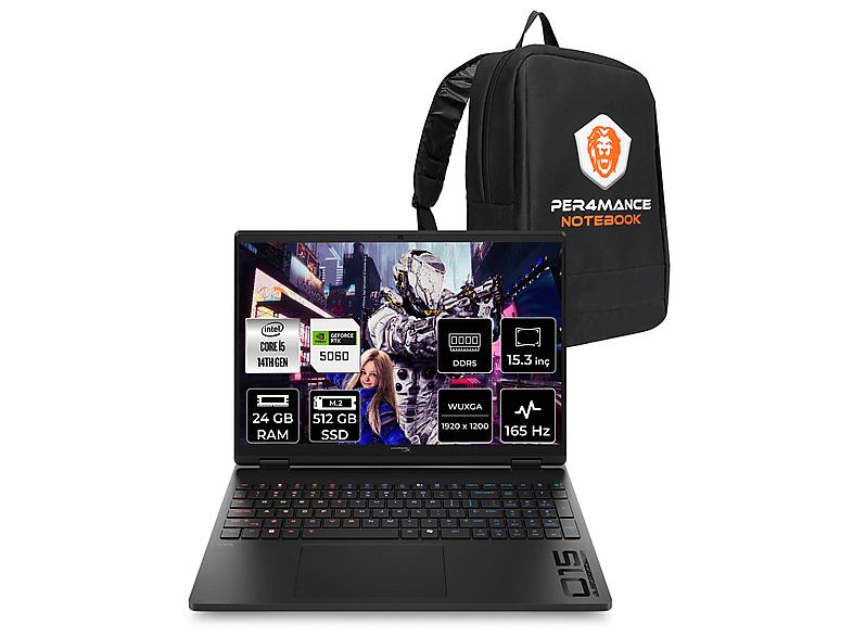 HP HyperX Omen 15 RTX5060 8GB FHD+ D2TT0EAPN312 Intel Core i5-14500HX 24 GB RAM 512 GB SSD 15,3 inç FreeDOS Laptop+Çanta Siyah