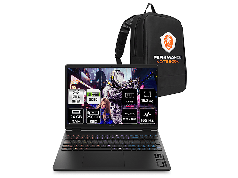 HP HyperX Omen 15 RTX5060 8GB FHD+ D2TT0EAPN311 Intel Core i5-14500HX 24 GB RAM 256 GB SSD 15,3 inç FreeDOS Laptop+Çanta Siyah