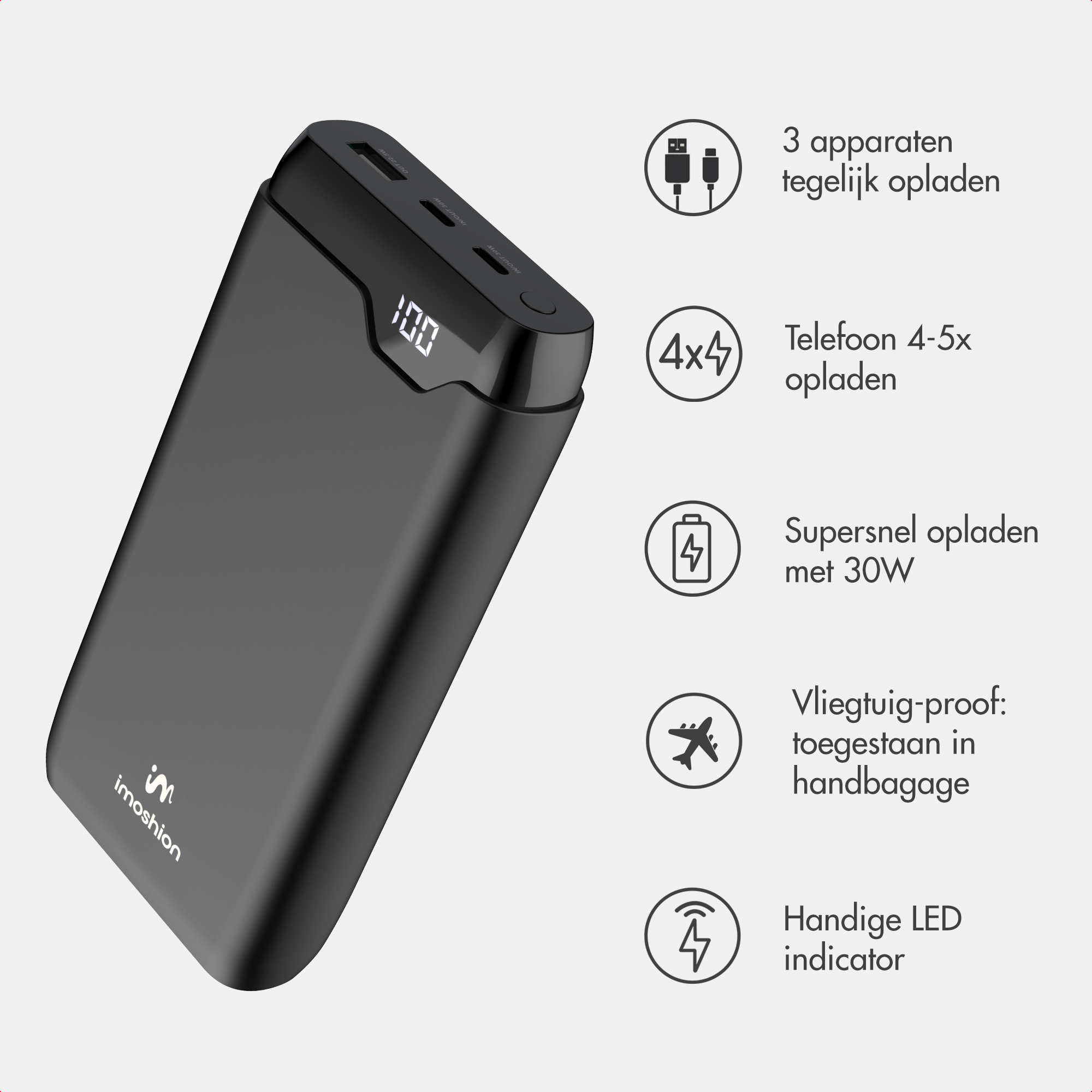 Eine schwarze imoshion Powerbank mit digitaler Anzeige und fünf Funktionssymbolen auf hellgrauem Hintergrund.