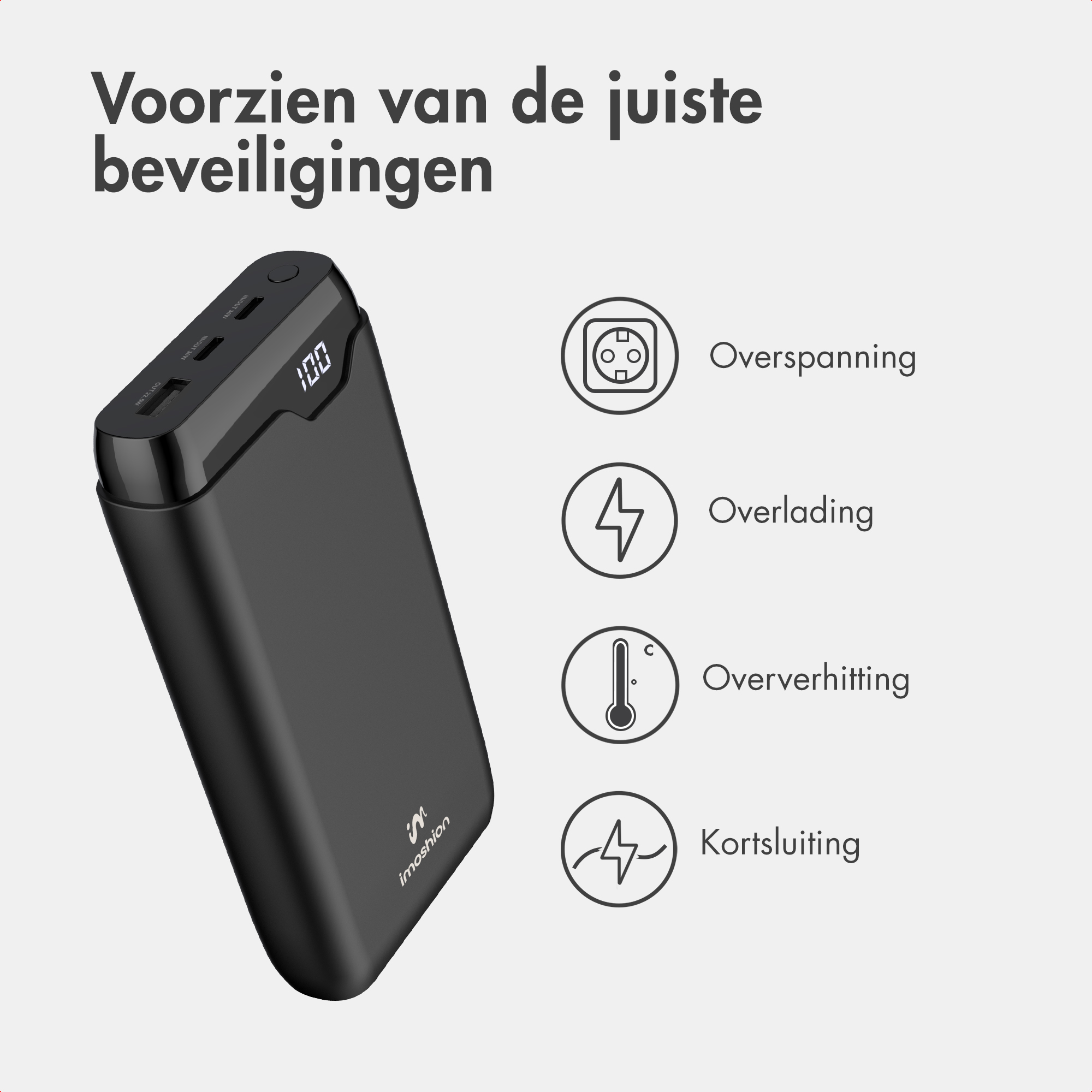 Eine schwarze Powerbank mit Symbolen für Überpannungs-, Überladungs-, Überhitzungs- und Kurzschlussschutz.