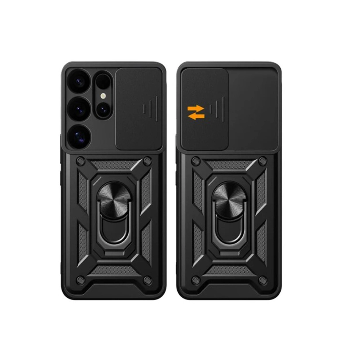 Sürgülü kamera kapaklı ve arkasında metal halka standı olan siyah dayanıklı telefon kılıfı.