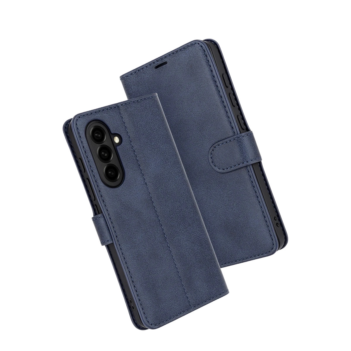 Beyaz arka planda iki mavi deri kapaklı telefon kılıfı, biri kamera lensleriyle arkasını gösteriyor.