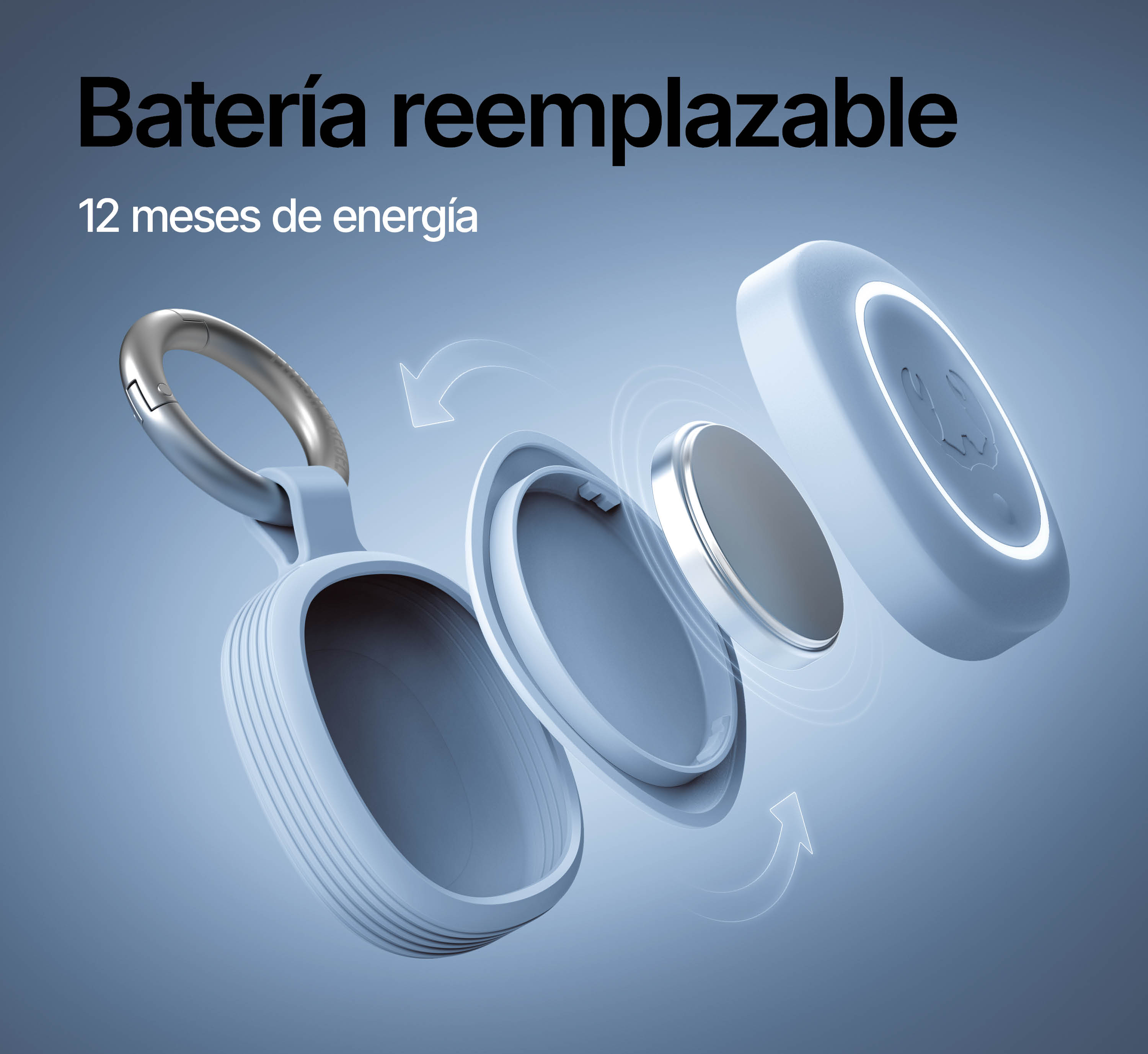 Vista esplosa di custodia blu per tracker, batteria a bottone e moschettone con testo in spagnolo su sfondo sfumato.