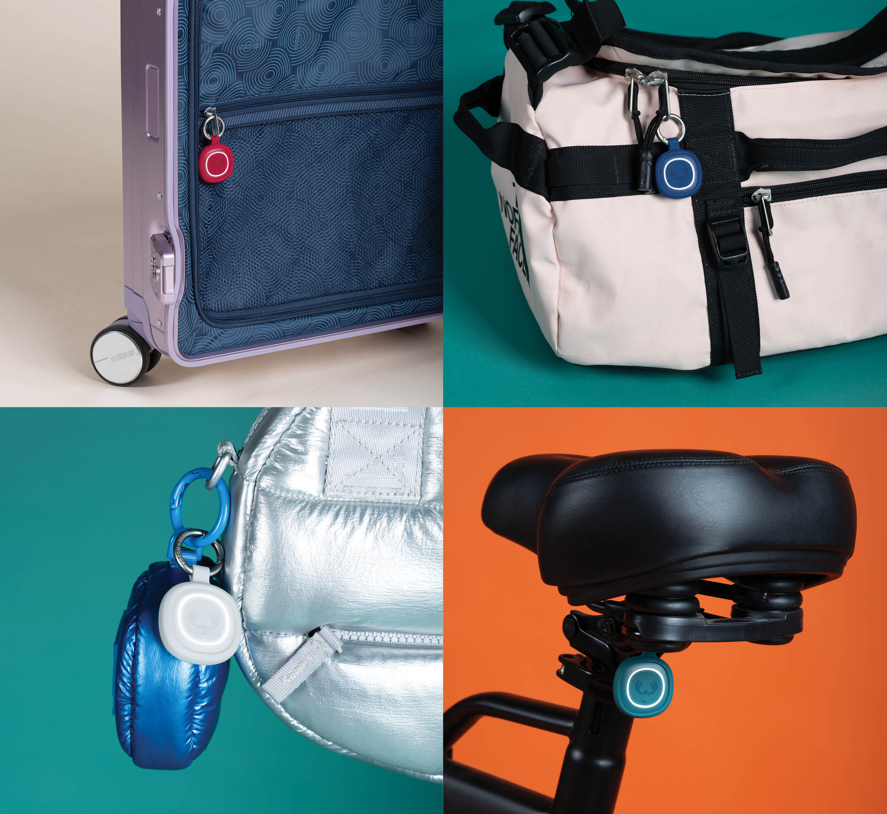 Quattro immagini mostrano tracker circolari attaccati a valigie, borse e una sella per bici.