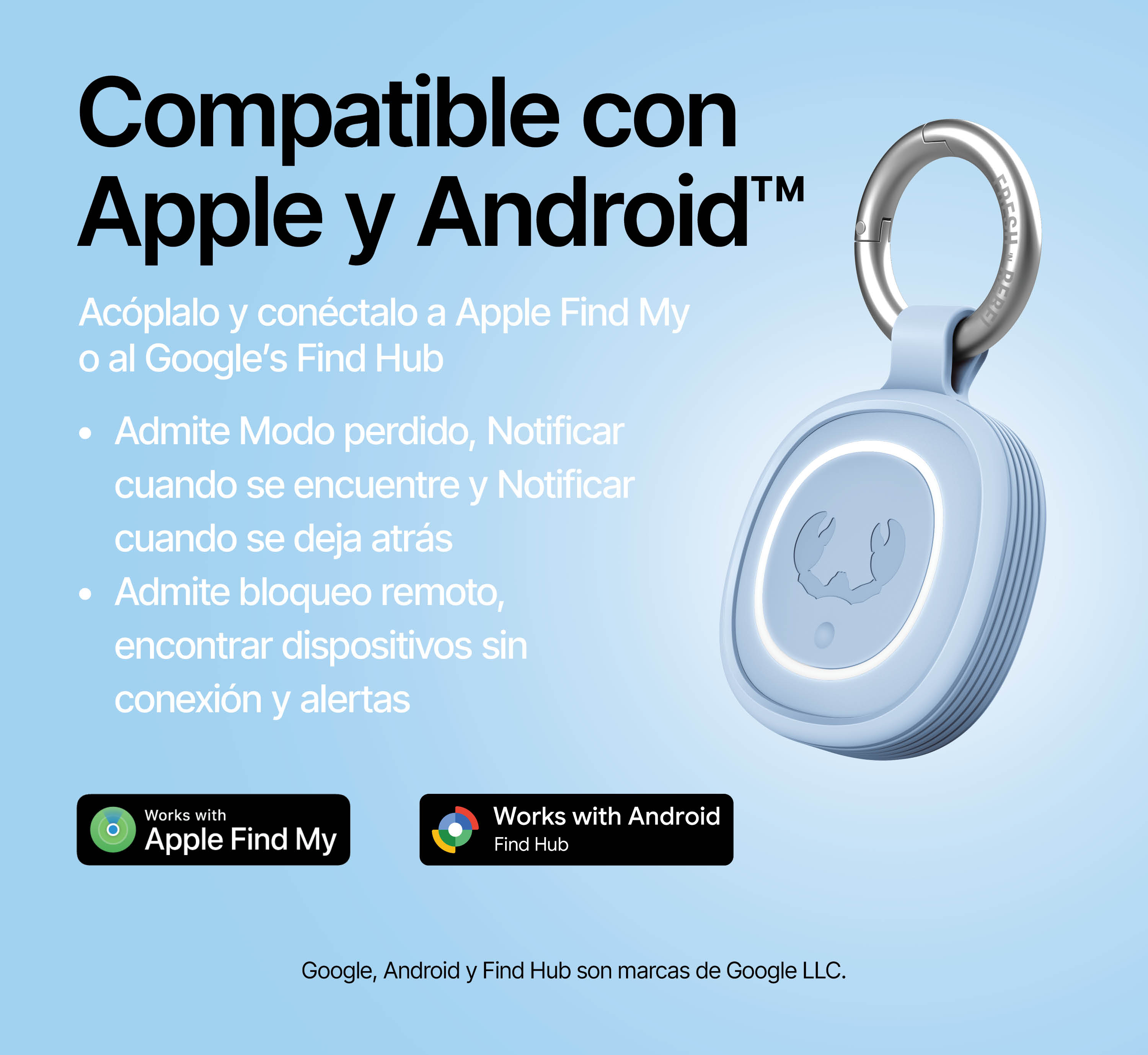 Dispositivo localizzatore blu con anello argentato, compatibile con Apple e Android su sfondo azzurro.