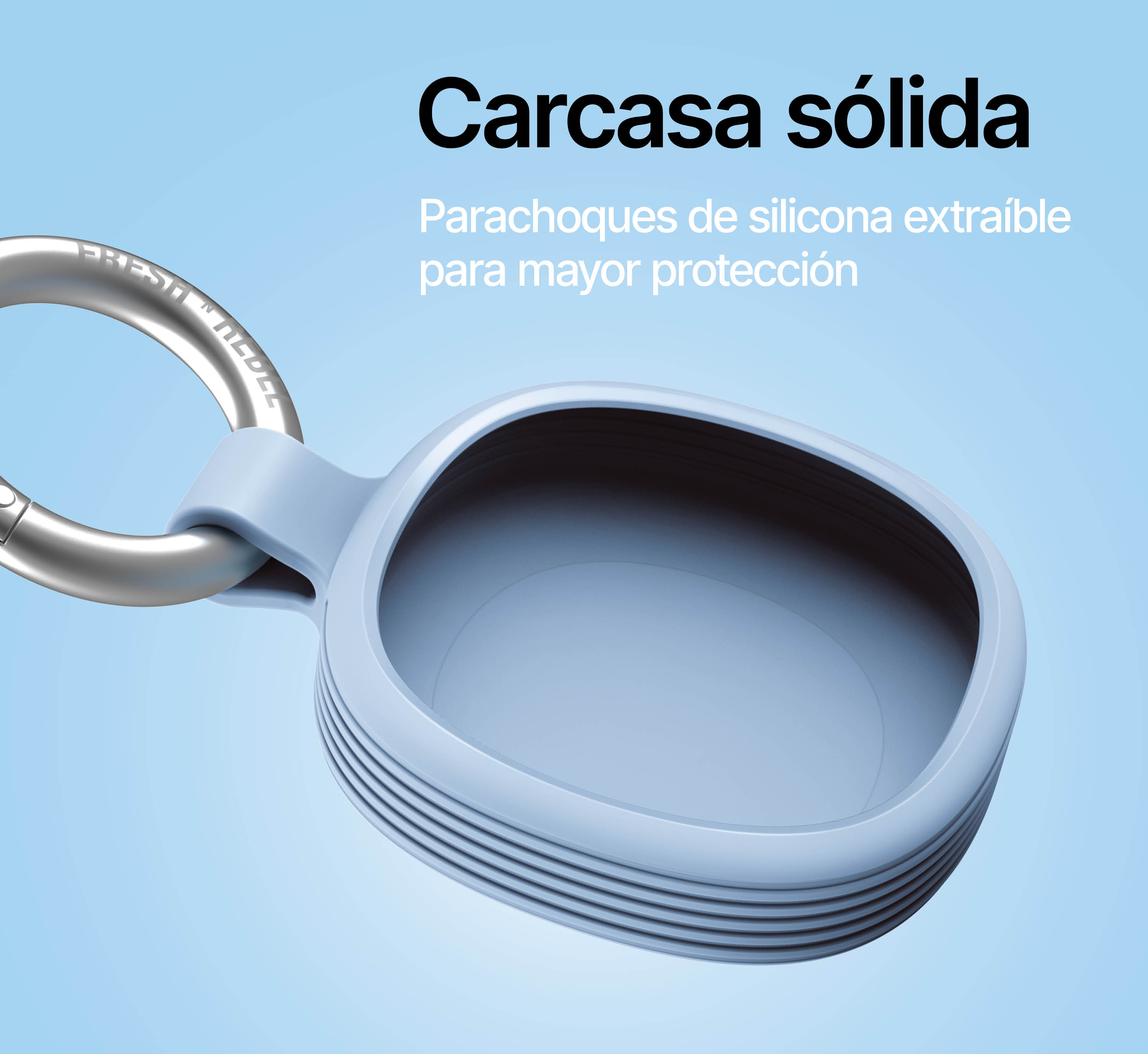 Custodia protettiva in silicone blu con moschettone argento su sfondo chiaro.