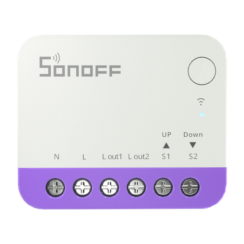 Białe urządzenie smart home Sonoff z fioletową dolną częścią, sześcioma zaciskami śrubowymi i wskaźnikiem LED.