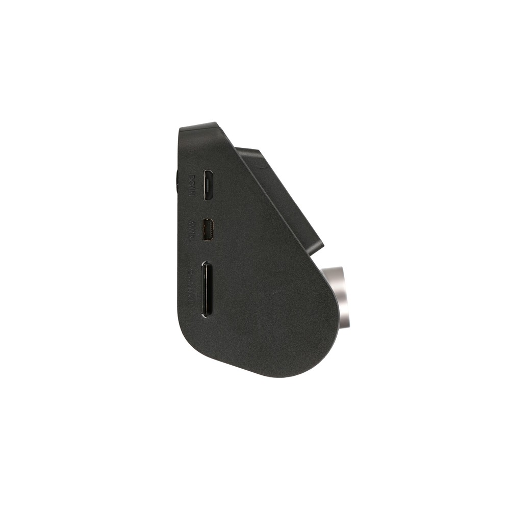 Vista laterale di una dashcam nera che mostra le porte USB e microSD.