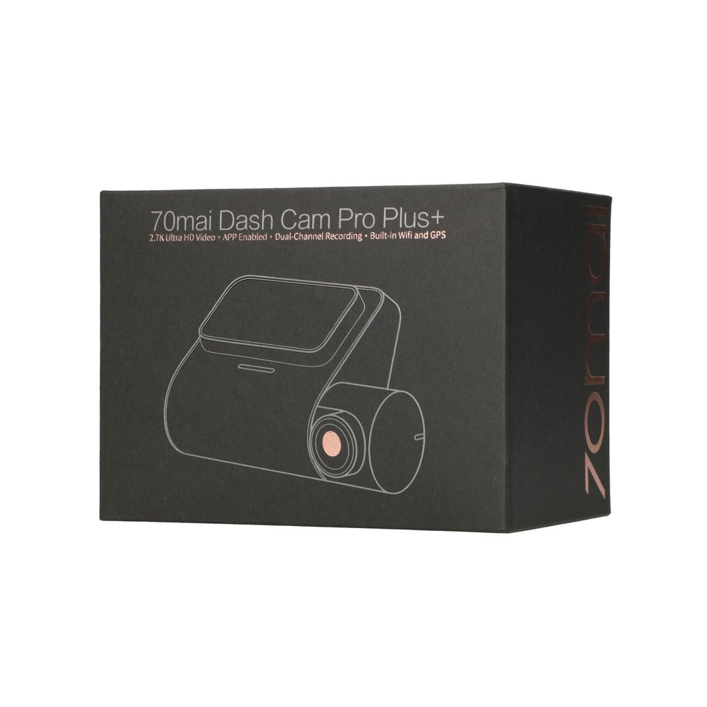 Una scatola nera della 70mai Dash Cam Pro Plus+ con un'illustrazione di contorno e le caratteristiche.