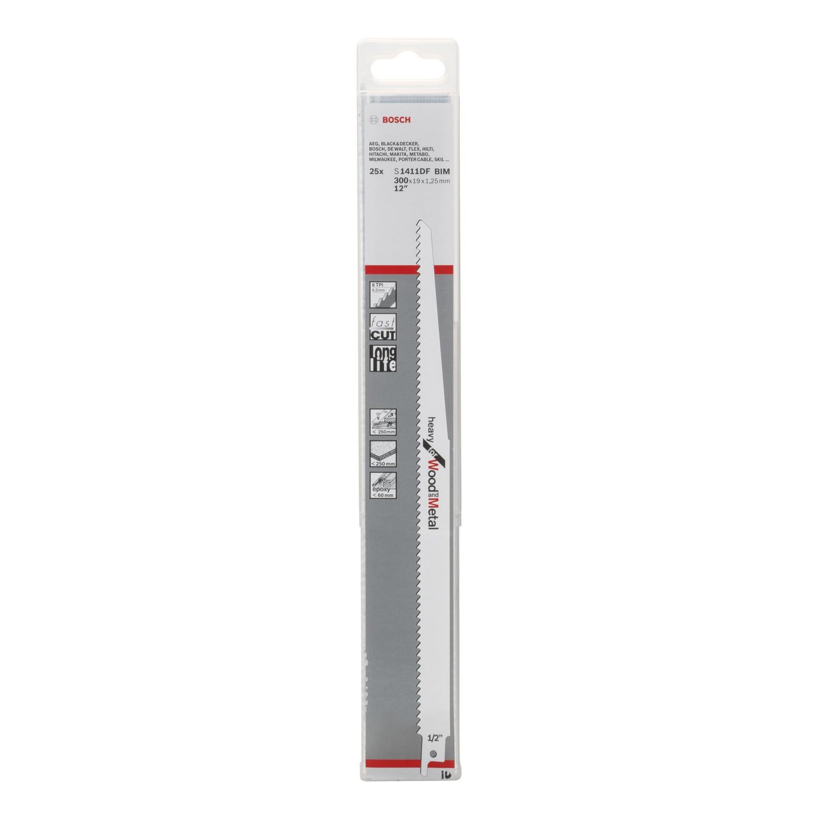 Una lama per sega reciprocating Bosch in confezione trasparente su sfondo grigio.