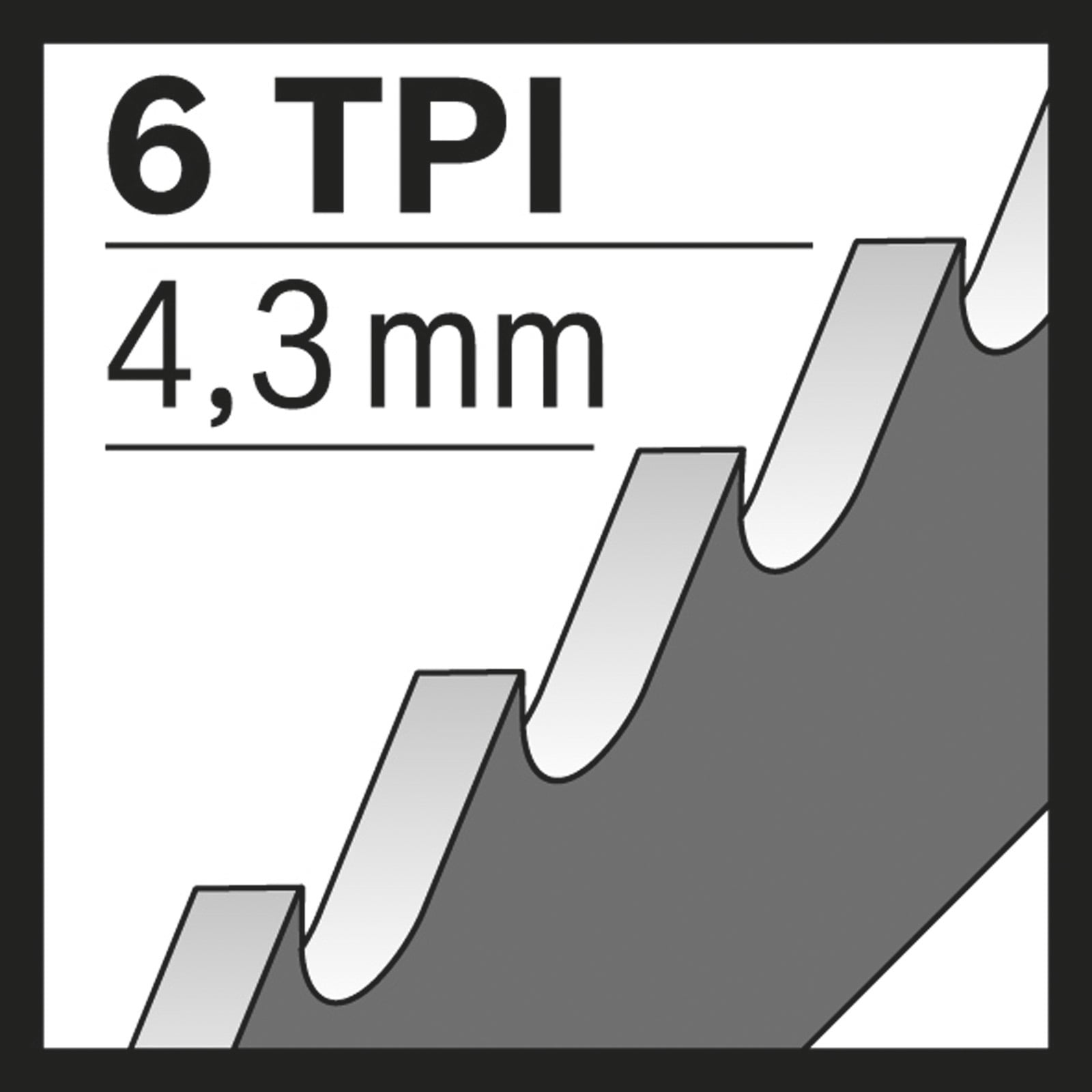 Il diagramma mostra il profilo dei denti di una sega con 6 TPI e 4,3 mm.