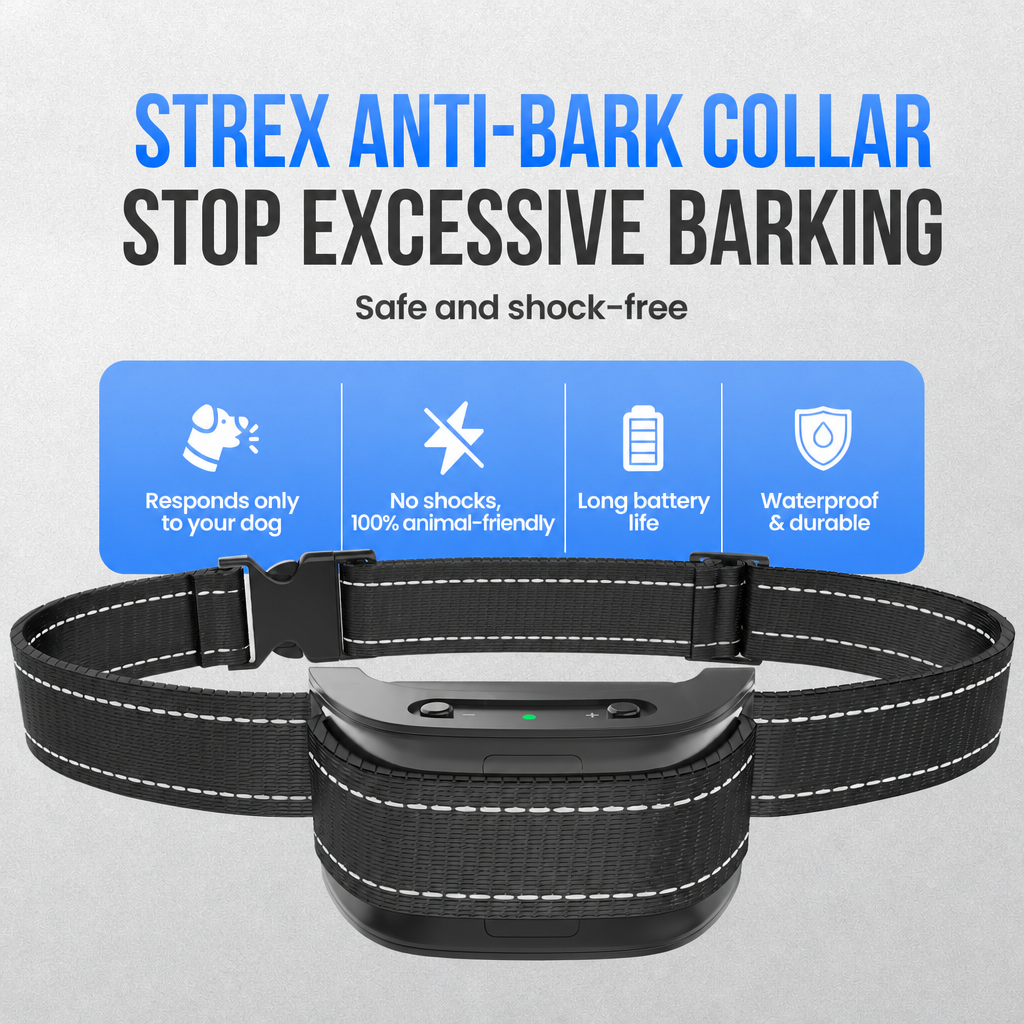 Strex Anti-Bell-Halsband mit schwarzen Riemen und digitalem Modul mit Symbolen für Funktionen.